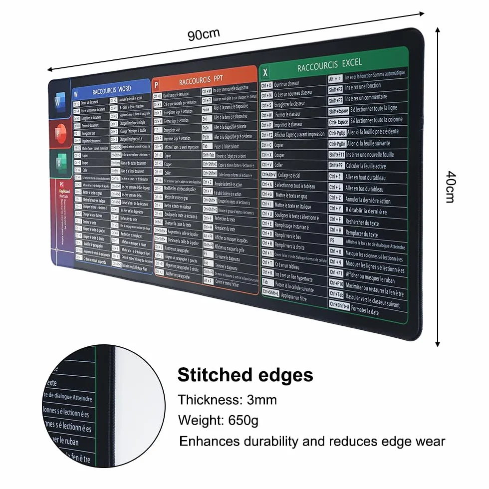 Tapis de Souris 900x400 Raccourcis Clavier Français Excel/Office Imperméable