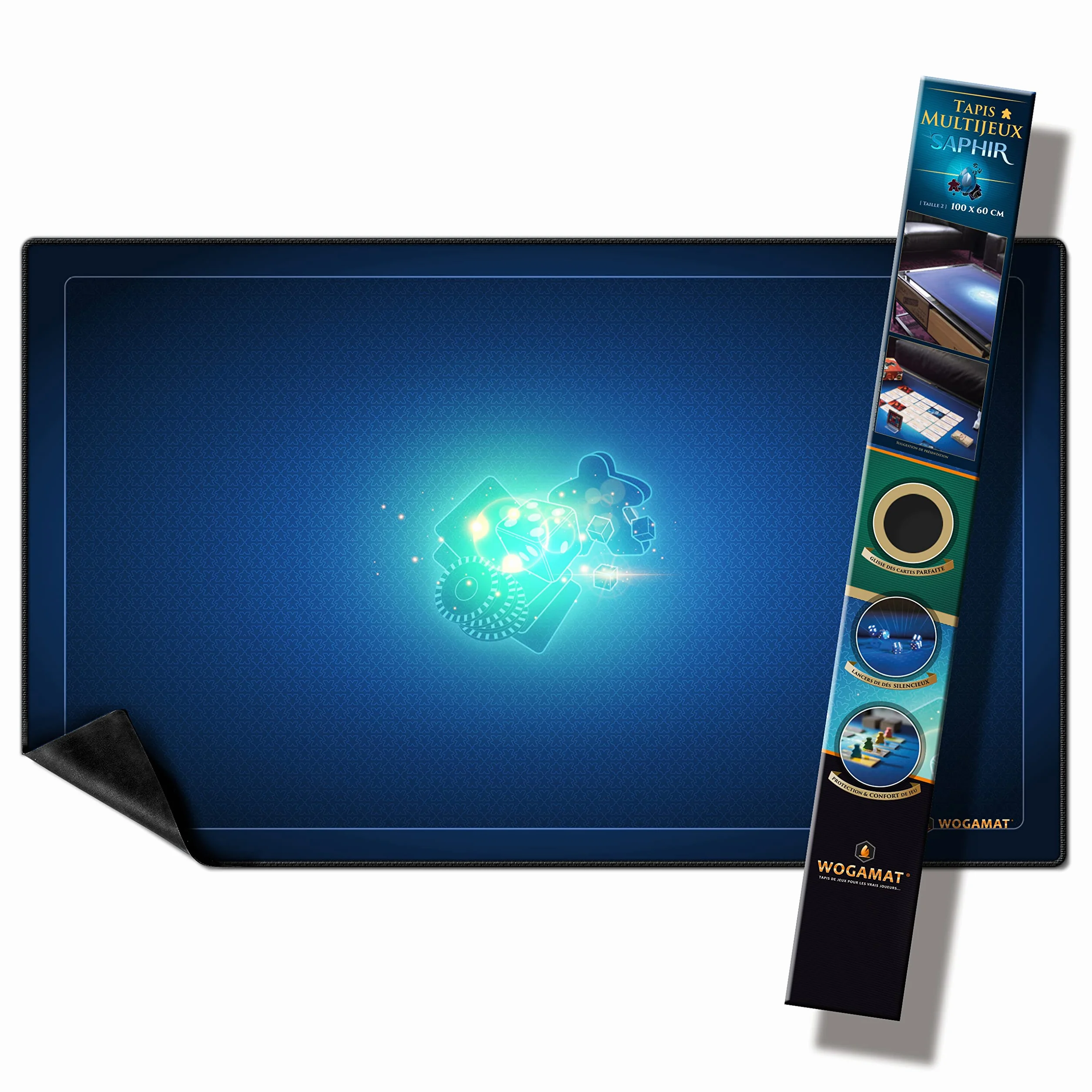 Tapis MULTIJEUX Saphir Bleu 60x100 cm - Tapis de Jeux de Cartes, Plateau, Dés - Antidérapant, Silencieux, Épais, Lavable