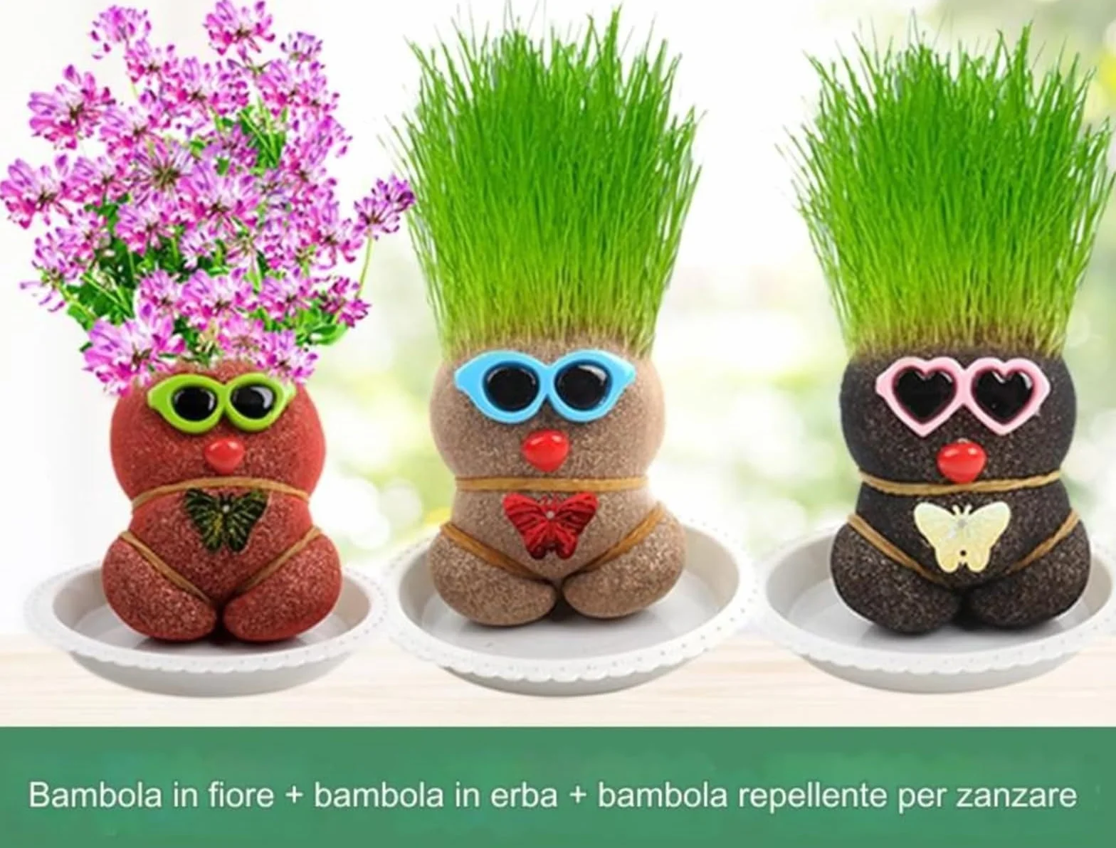 Mini Bonsaï Répulsif pour Moustiques Plante Poupée Tête d'Herbe avec Plateau 3 Pièces