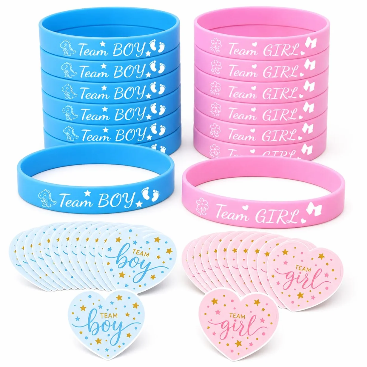 Kit de Révélation de Genre 60 Pièces avec Bracelets Silicone et Autocollants Cœur pour Annonce Grossesse