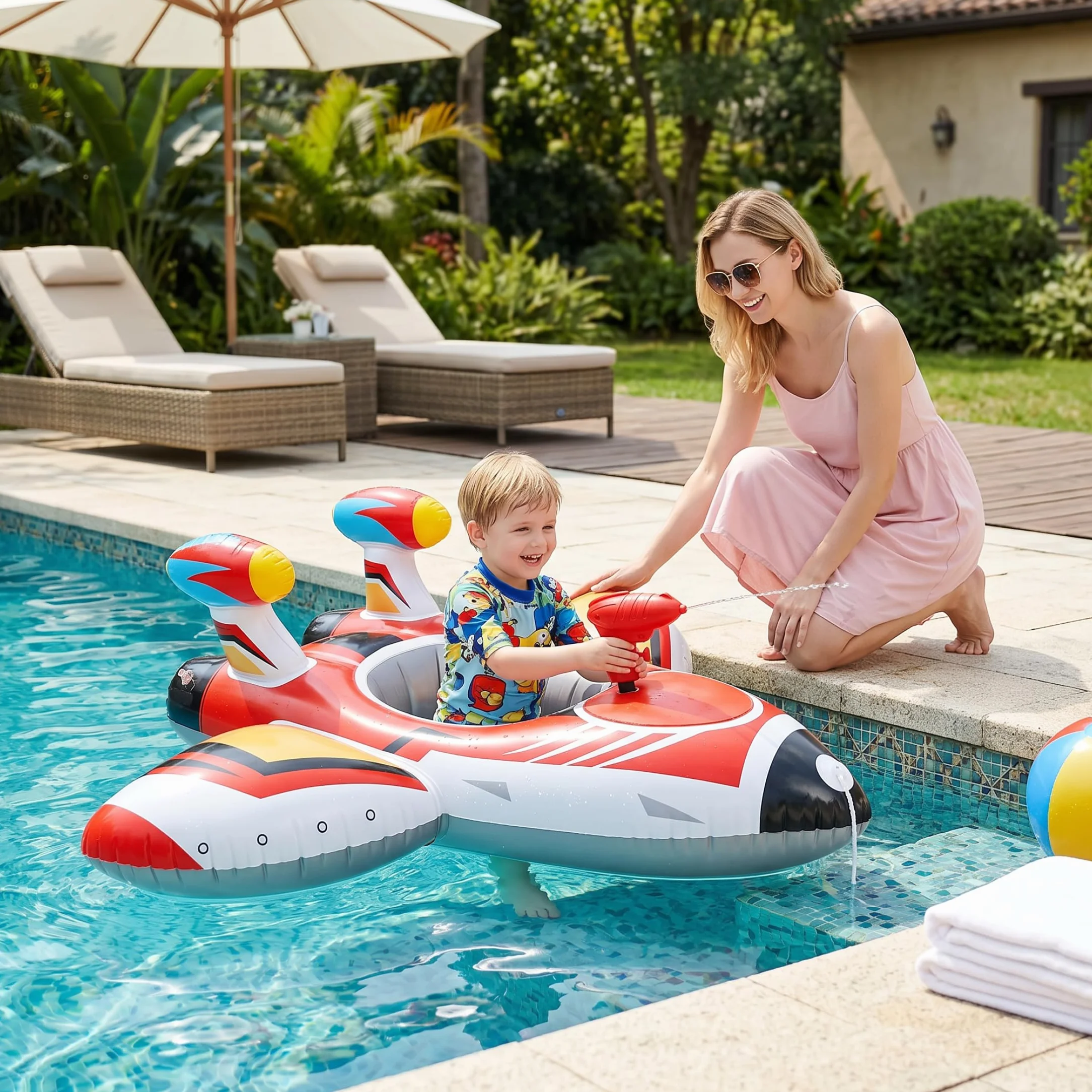 Bouée pour Enfants avec Pistolet à Eau, Jouet Gonflable Voiture Piscine 1-6 Ans, Rouge