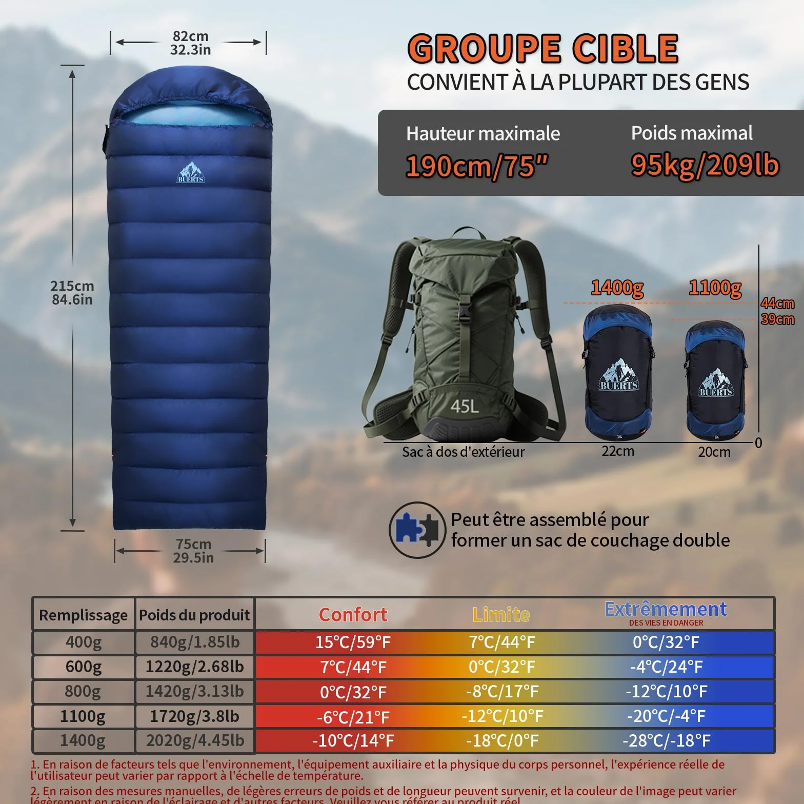 Sac de Couchage d'hiver en Duvet 680 FP, Ultra-léger pour Adultes et Adolescents, Camping