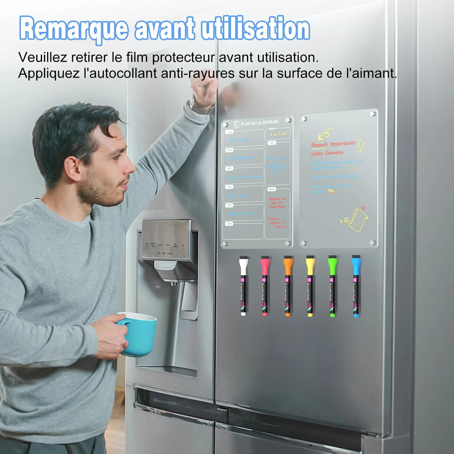 Lot de 2 Tableau Magnétique Frigo 30 x 20 cm Acrylique Planning Semaine Effaçable Transparent avec Marqueur à Craie Liquide 6 Couleurs