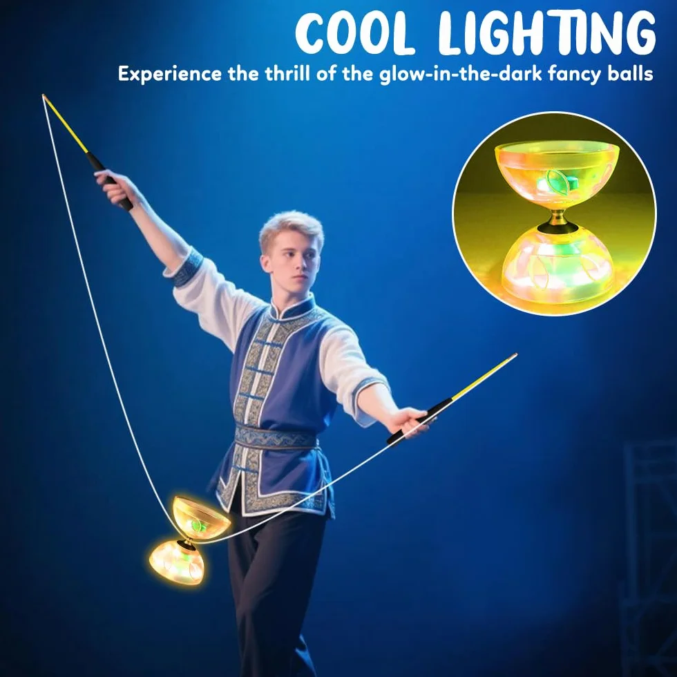 Diabolo LED roulement à billes 4,5 mm kit jonglage baguettes outil cirque roue libre jaune