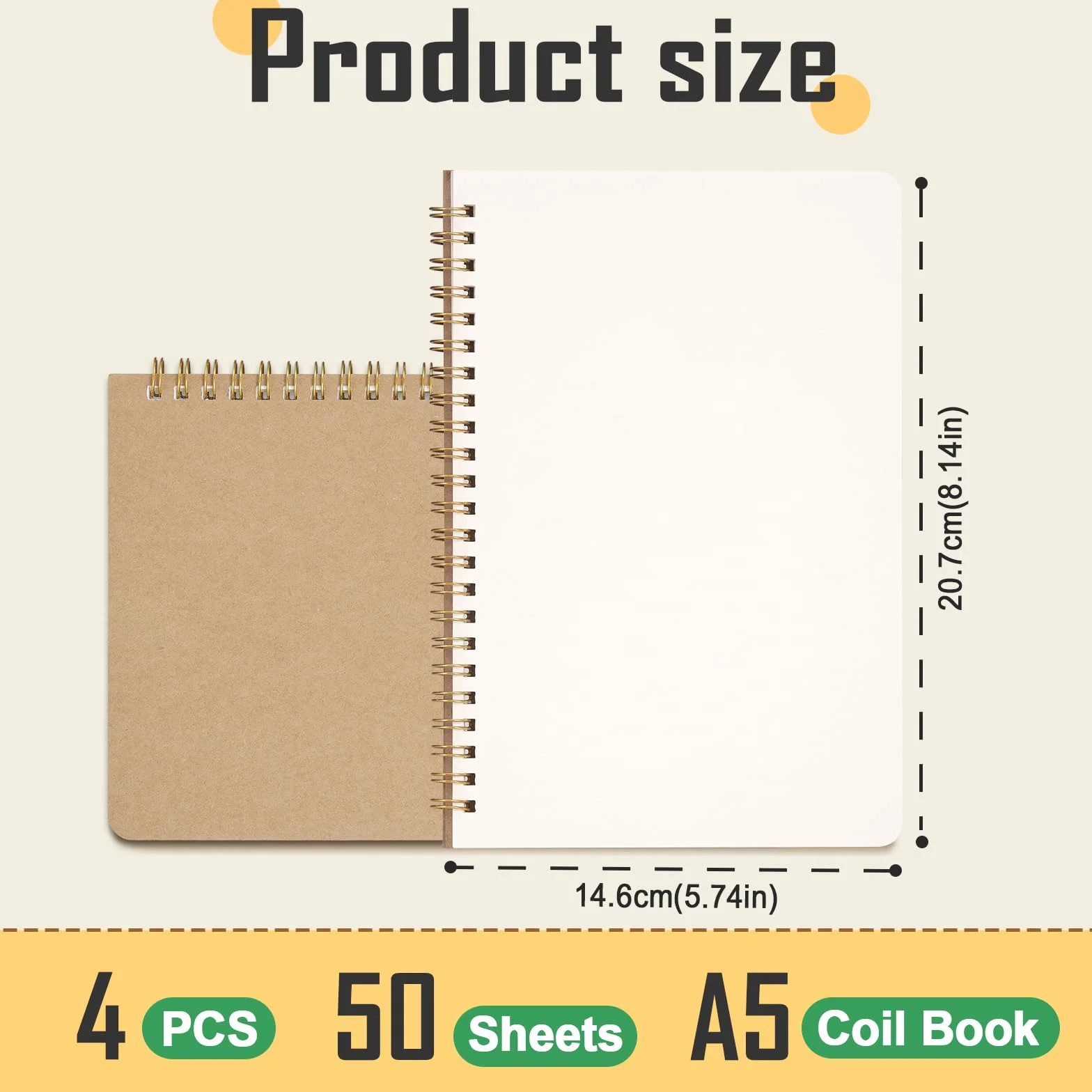 Carnet Cpirale Page Blanche A5, 4 Pièces Basics Carnet de Notes, Vierge, Bloc-Notes Couverture Kraft 100 Pages
