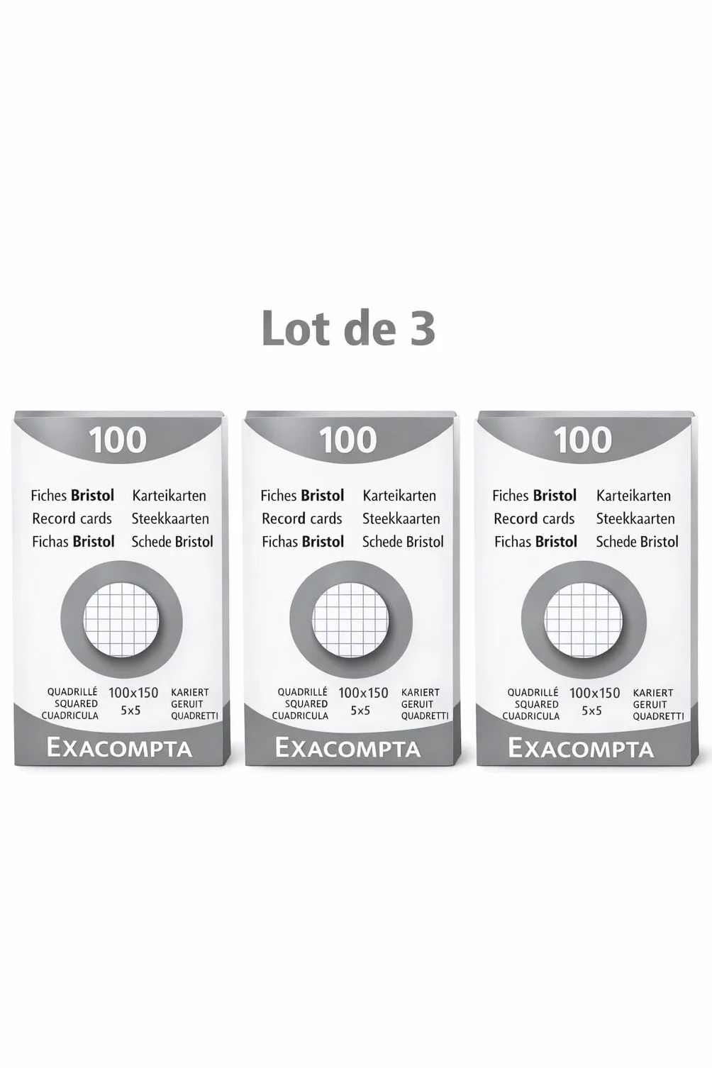 Exacompta Pack Essentiel 3 Étuis 100 fiches bristol quadrillées 5x5 non perforées 100 x 150 mm blanc