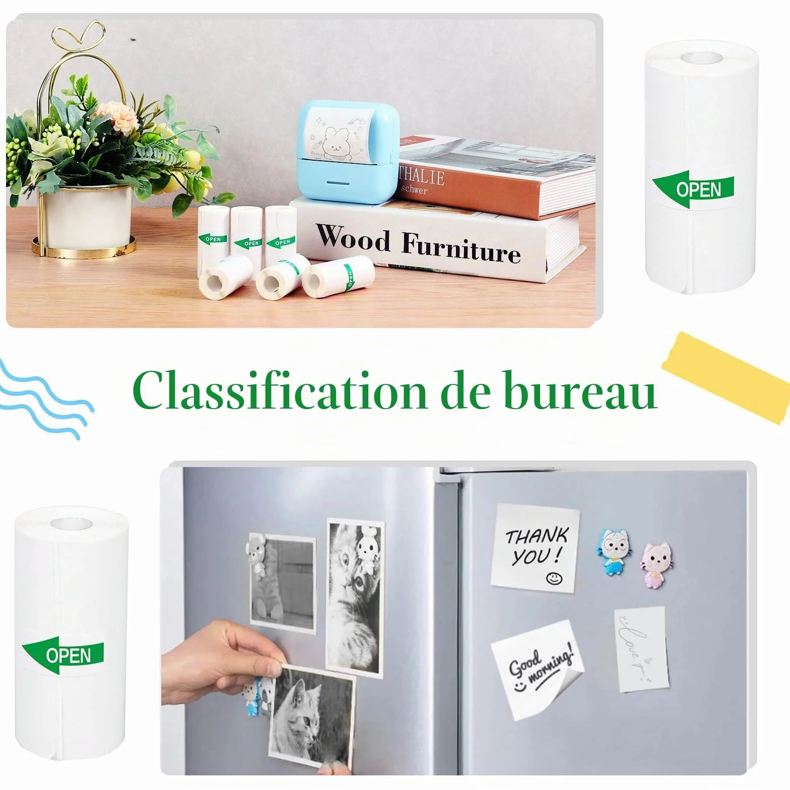 Papier Thermique 57x25mm Auto-adhésif Blanc pour Mini Imprimante, 10 Rouleaux