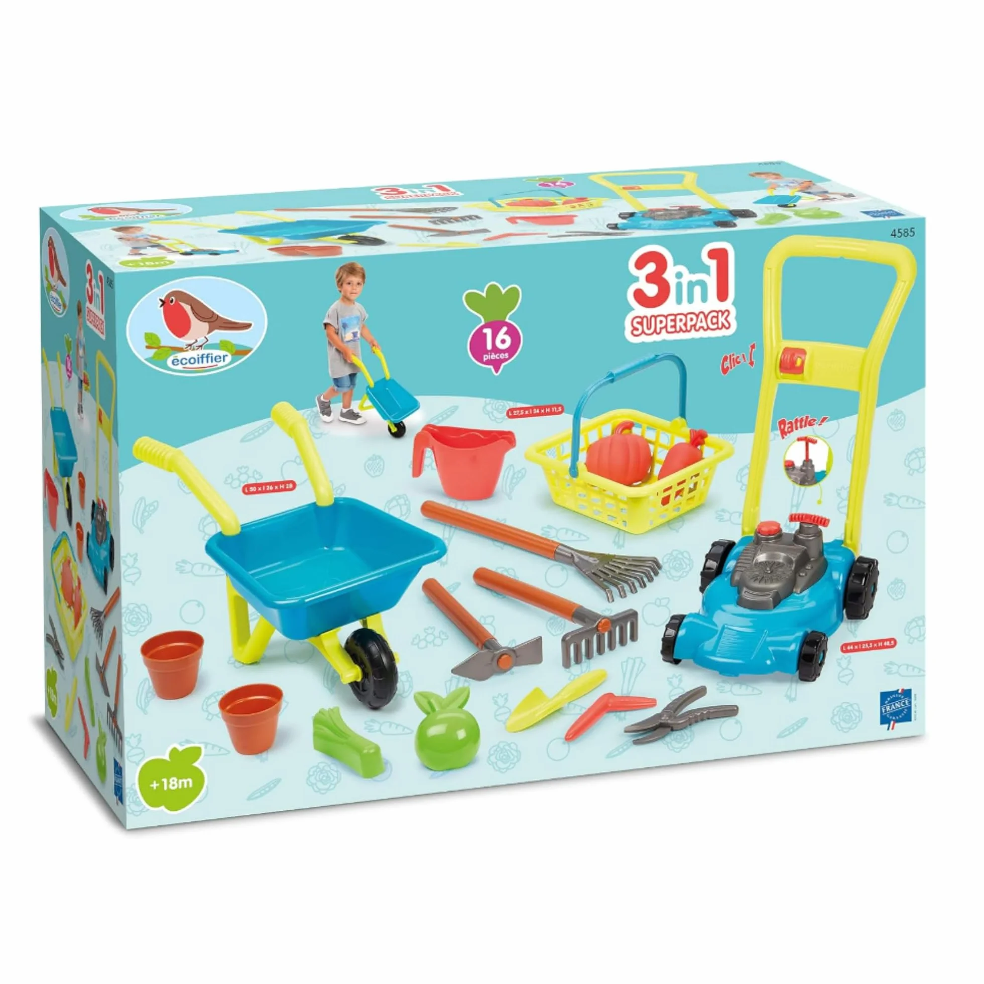Ecoiffier Super pack jardin 3 en 1 tondeuse brouette garnie panier accessoires jardinage enfants