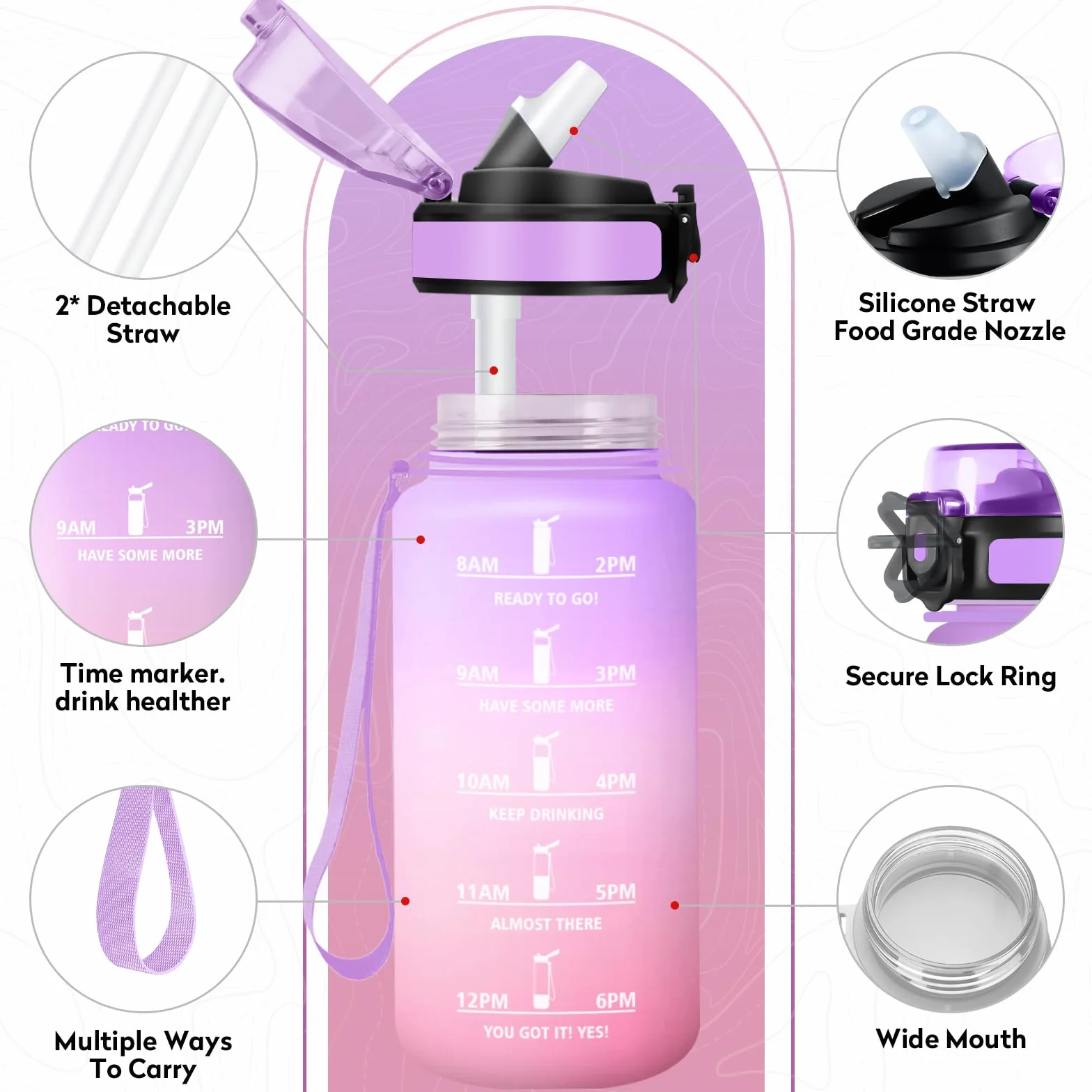 KollyKolla Gourde Enfant 500ml avec Paille sans BPA, Gourde Sport avec Marqueur de Temps, Bouteille d'eau Étanche Réutilisable