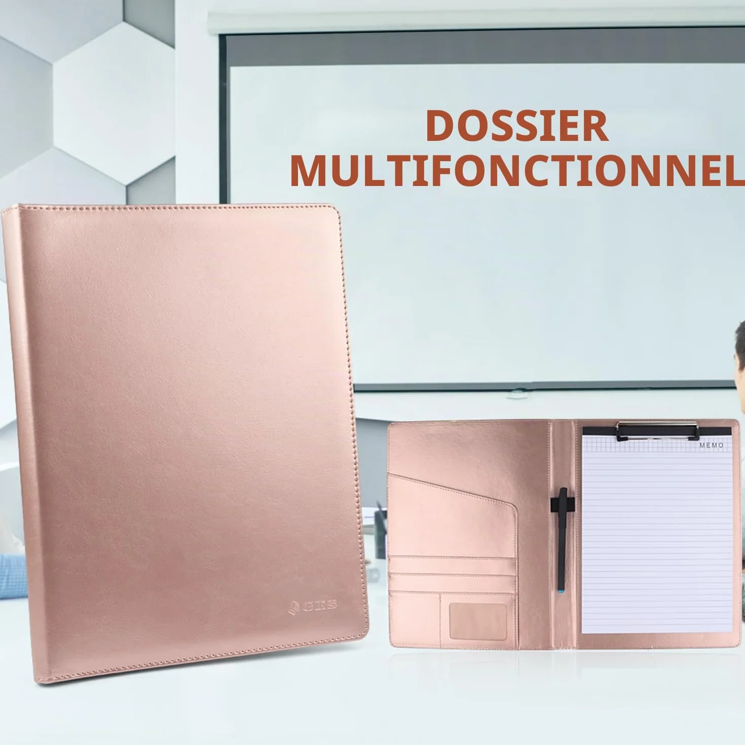Porte-documents GES A4 en cuir avec pince-notes pour CV entreprise école bureau conférence (Or rose)