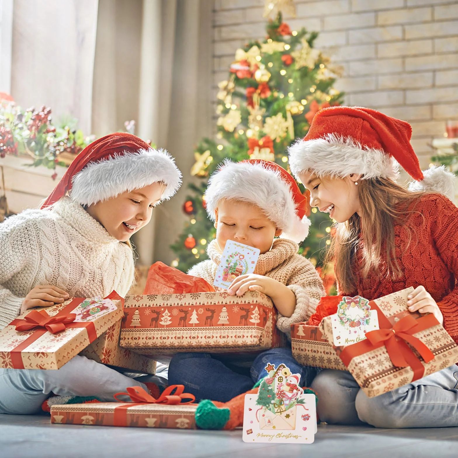 Cartes Joyeux Noel Dorée 6 Motifs Carte Postale Pliées 12PCS Cadeaux de Noël