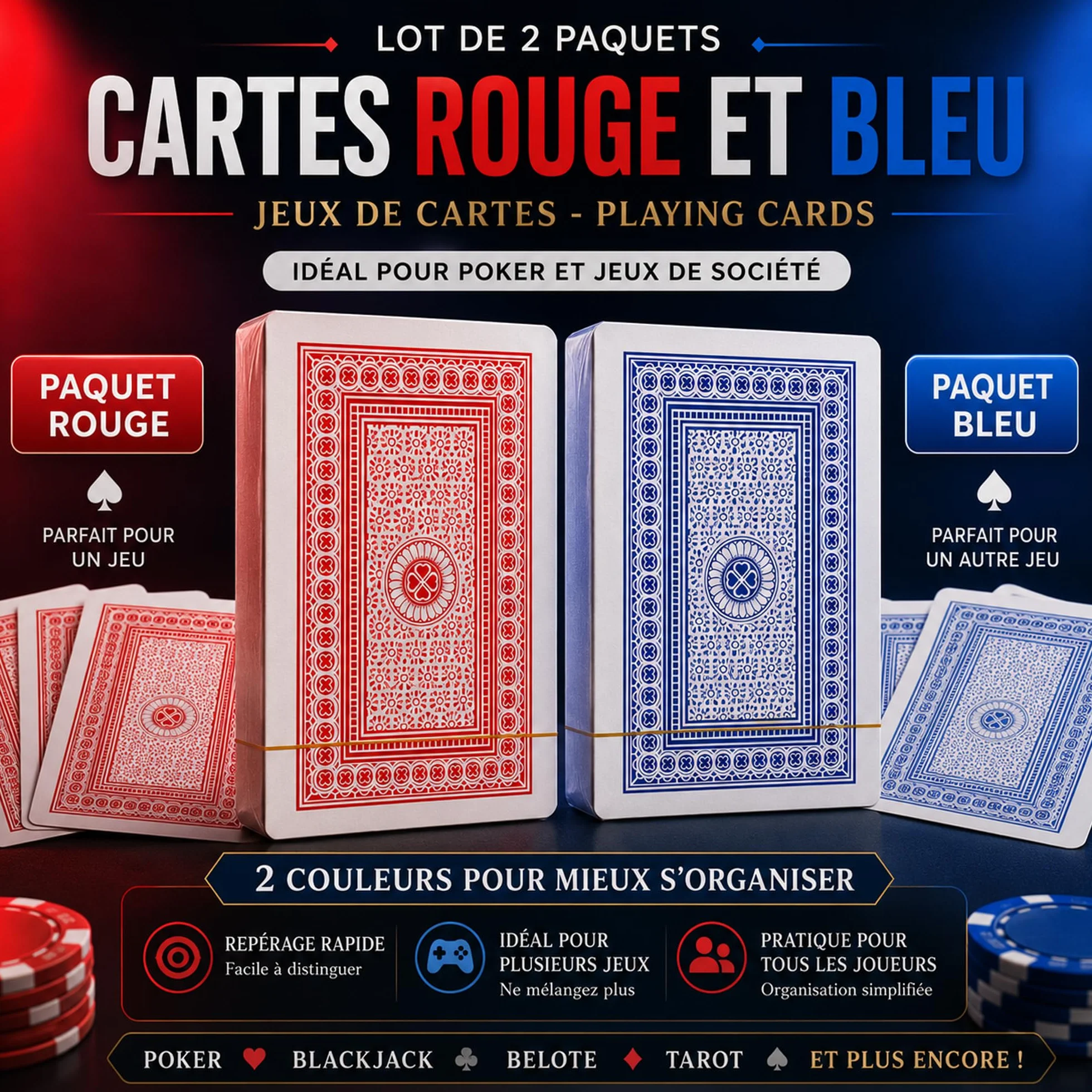 Jeux de Cartes Rouge et Bleu Lot de 2 - Cartes à Jouer pour Poker et Jeux de Société