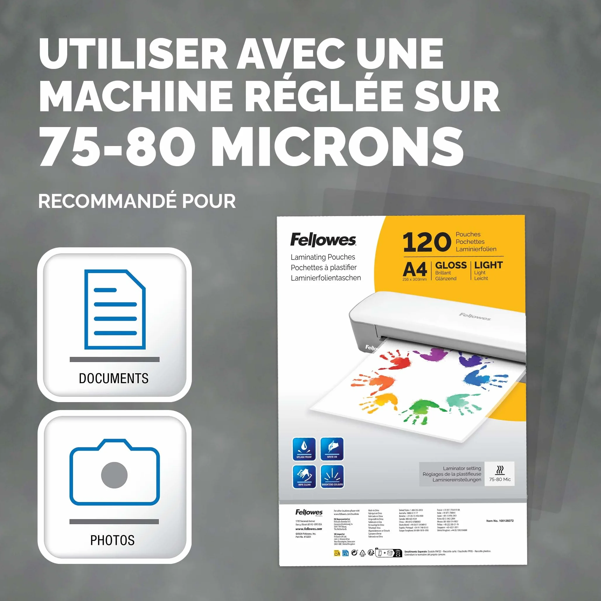 Fellowes 120 pochettes de plastification A4 brillante pour documents et photos