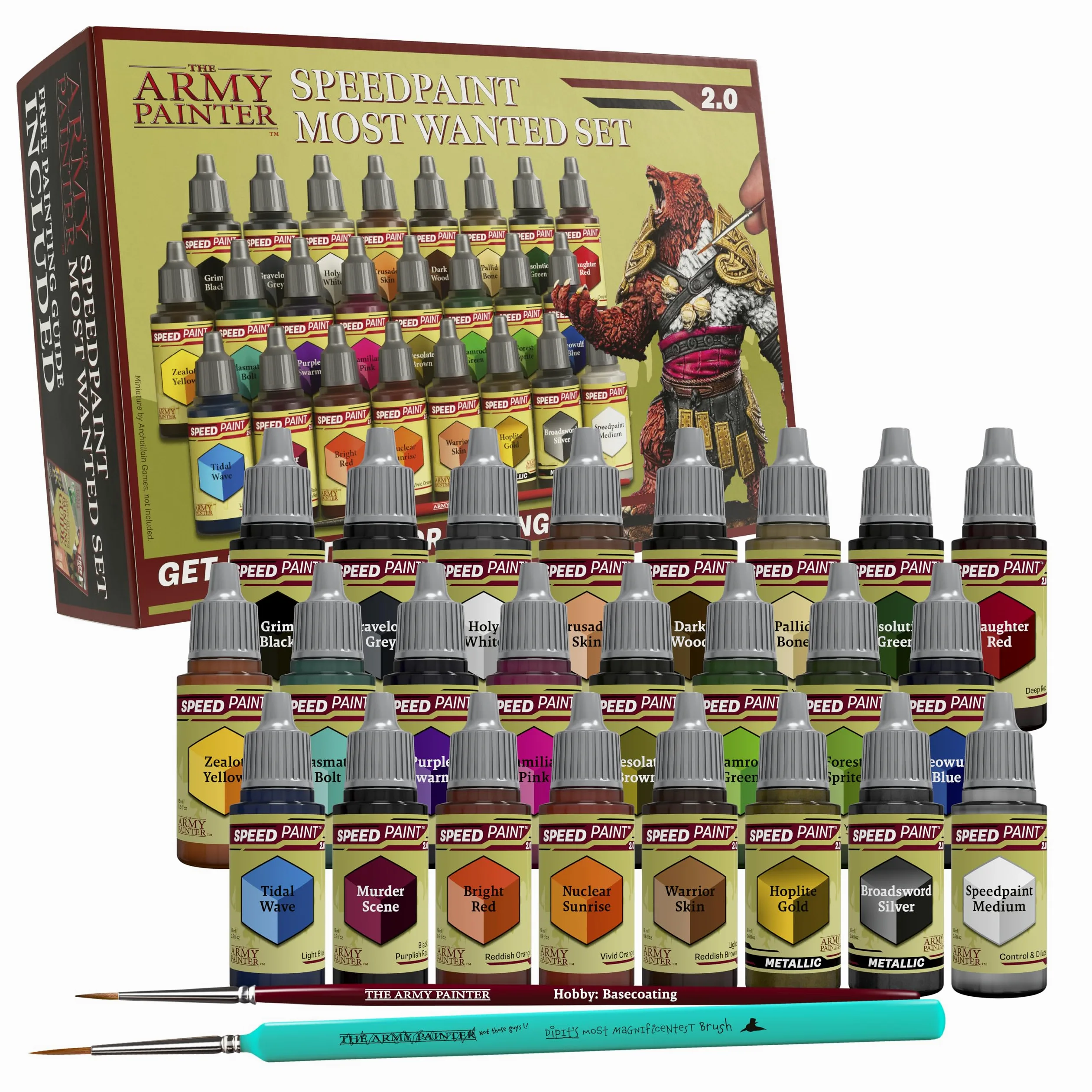 The Army Painter, Speedpaint Most Wanted Set 2.0 Combo, 24 x 18 ml | Peinture acrylique pour maquettes et modélisme, dont 1 pinceau de base & 1 pinceau Dipit