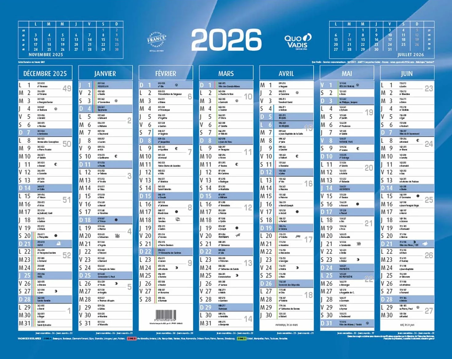 Calendrier De Banque Quo Vadis Bleu 43x34 cm Année 2026 Carton Rigide