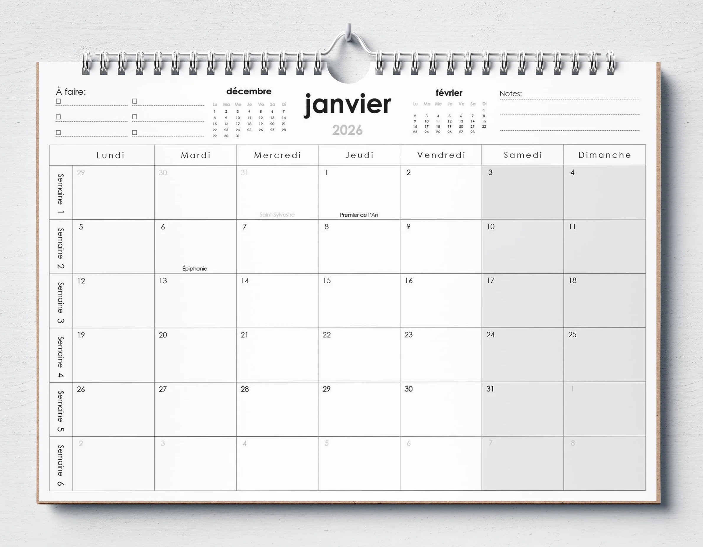 Huurdies Calendrier mural 18 mois A3+ 2026 reliure spirale impression une face dos carton numéros semaine jours fériés notes à faire