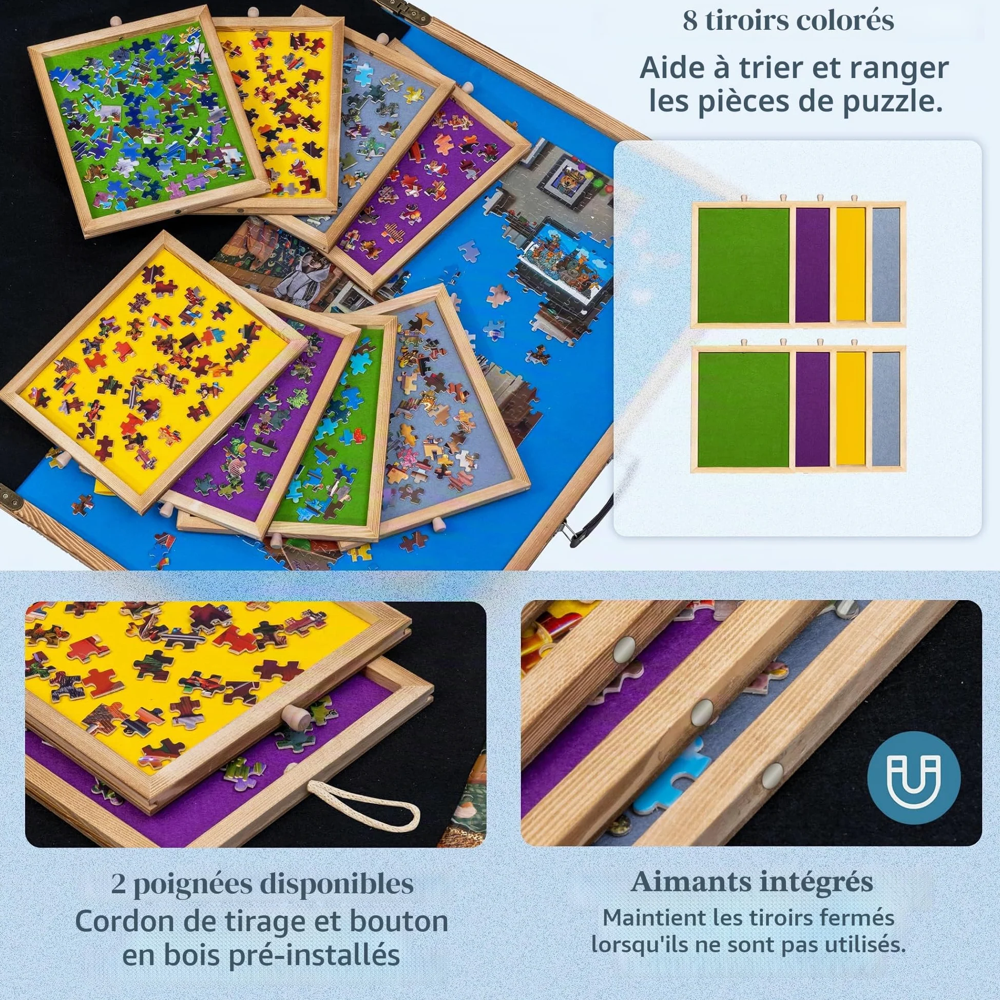 Lavievert Planche de puzzle de 2 000 pièces inclinable et pliable avec 8 tiroirs et couvercle, plateau de puzzle portable en bois avec poignée, table de puzzle réglable avec chevalet/support et dessus