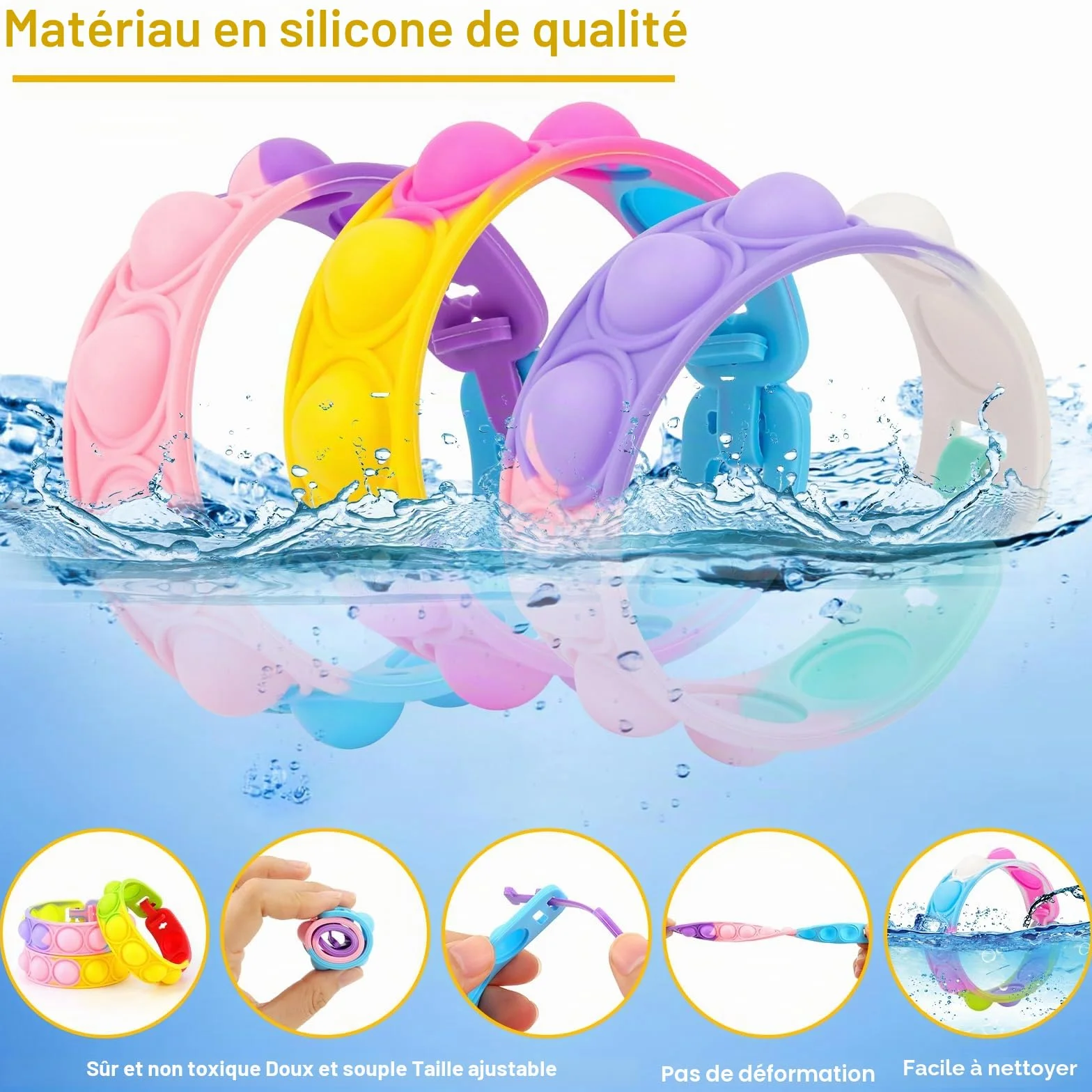 Bracelet Enfants Réglable en Silicone Doux, 30 Pièces, 15 Couleurs, Cadeau Anniversaire
