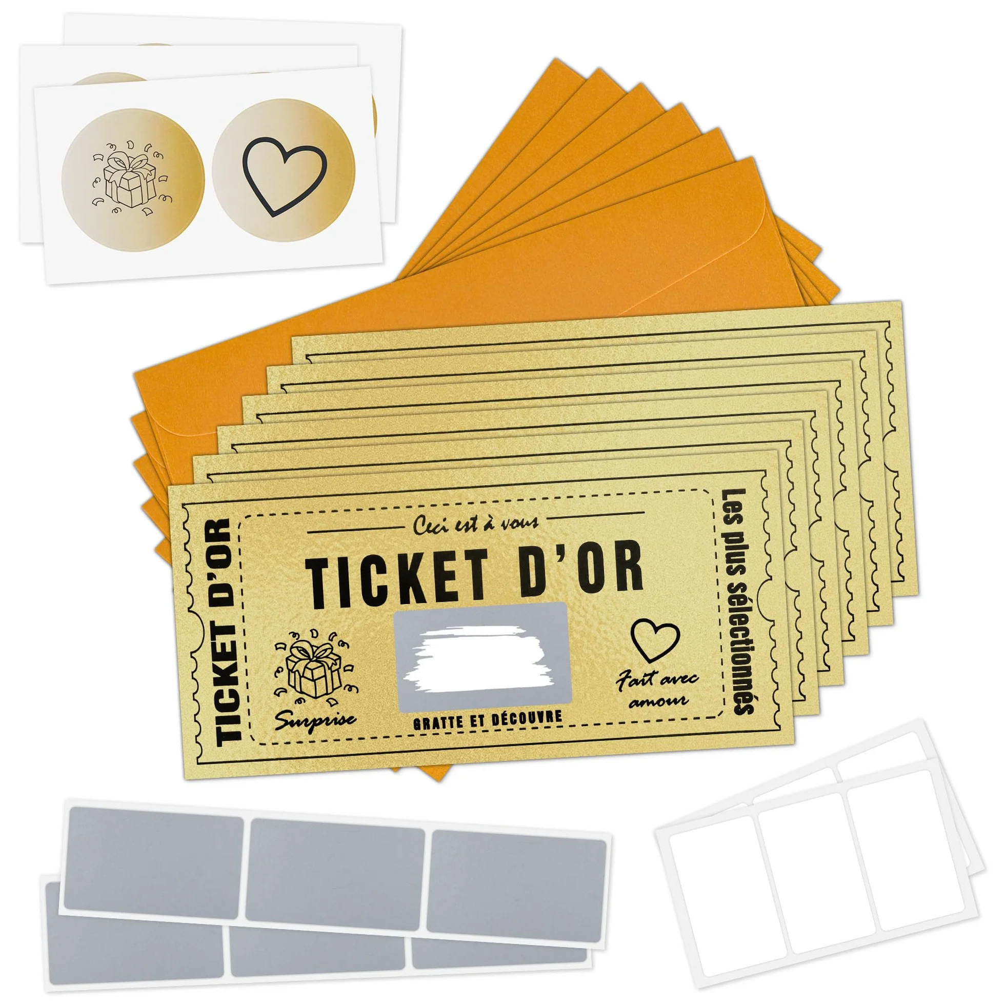 Carte à gratter Golden Ticket d'Or Personnalisable 6 Pièces Cadeau Surprise Anniversaire Saint-Valentin