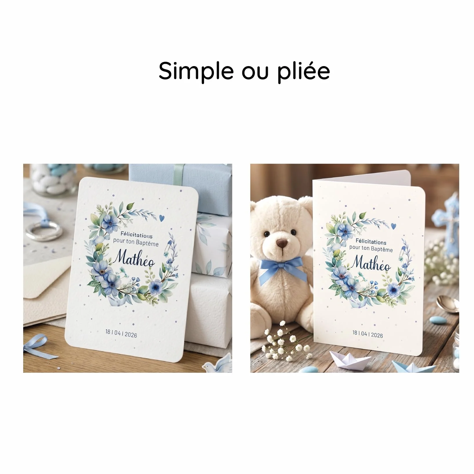 Carte félicitations baptême personnalisée, couronne fleurs, prénom, date, texte personnalisable, thème bleu garçon