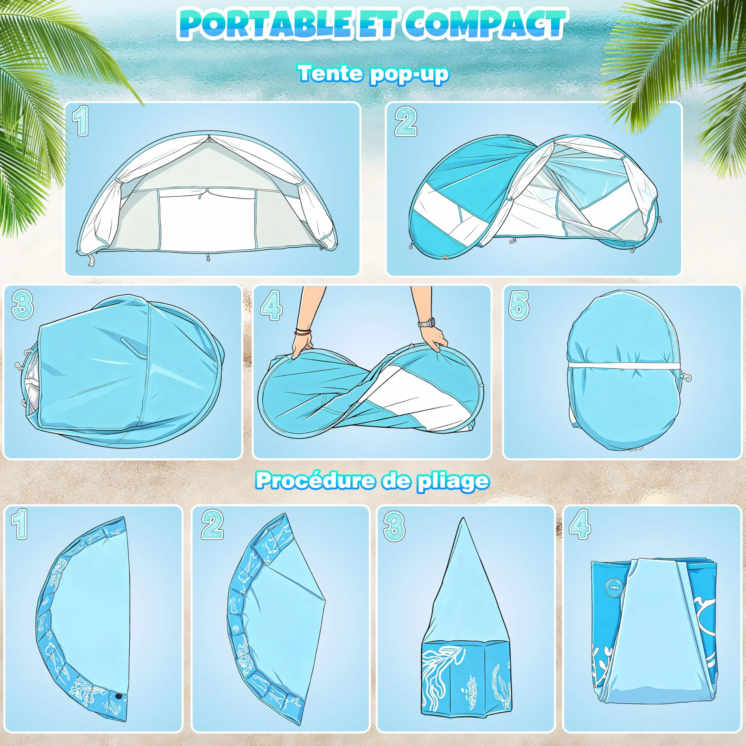 Piscine Bébé 4 en 1 120×30 cm Anti UV SPF50+ avec Auvent Pliable Tente de Plage Pour Jardin
