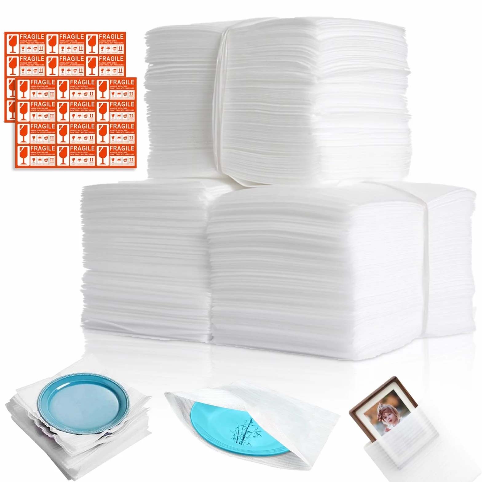 Feuilles Mousse Papier Bulle Déménagement 20x20cm avec Étiquettes Fragiles pour Cartons Emballage Vaisselle