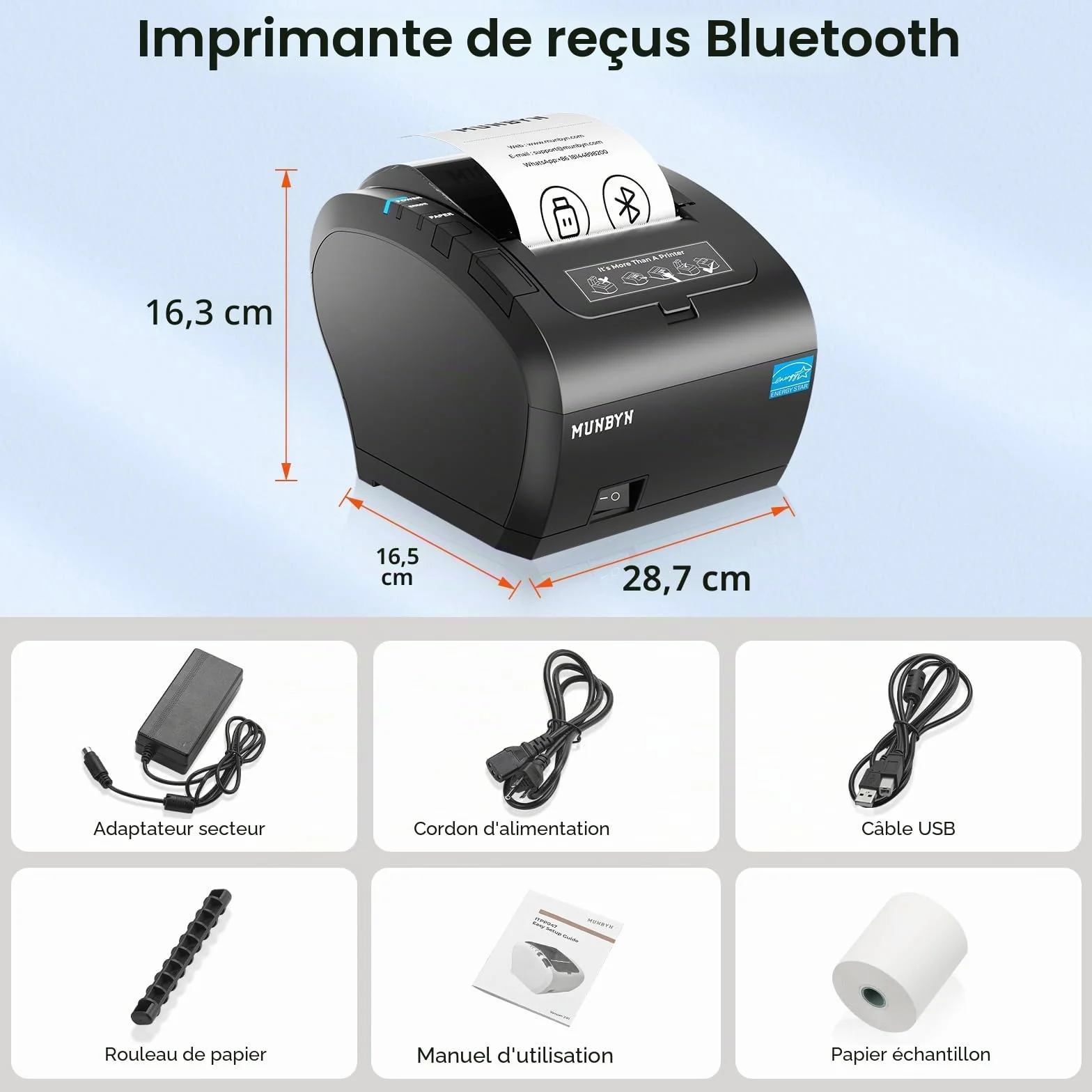 MUNBYN iOS Imprimante Thermique Bluetooth MFi 80mm USB Série Ethernet Compatible Android Windows PC Ubereats