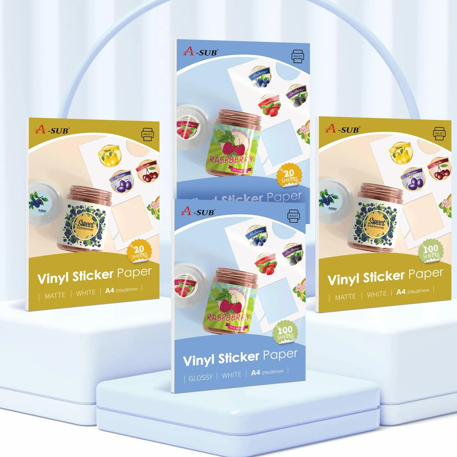 A-SUB Papier autocollant vinyle imprimable imperméable blanc mat A4 100 feuilles