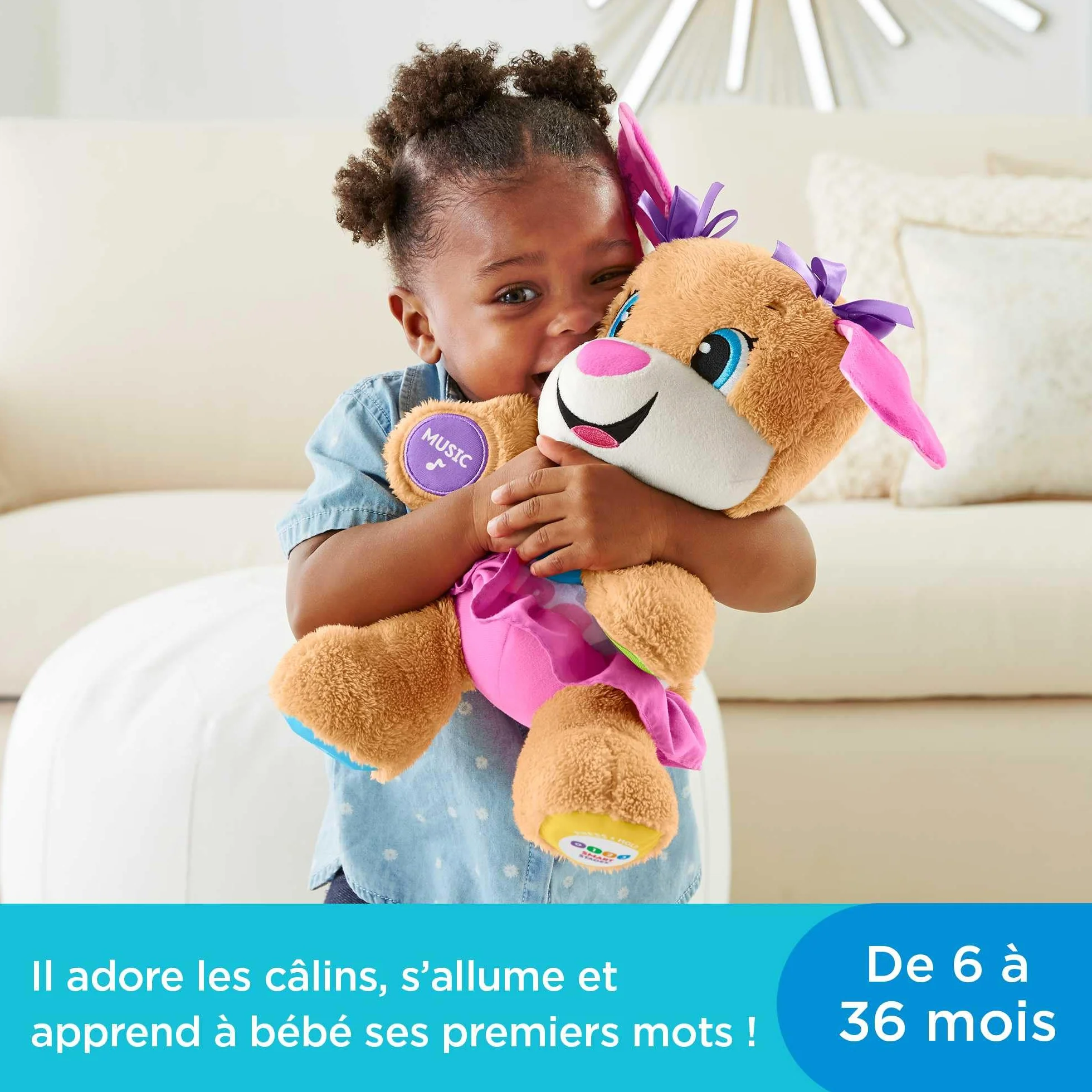 Fisher-Price Peluche Interactive Eveil Progressif Sœur de Puppy, 50+ Chansons, 3 Niveaux, Version Française, 6 Mois+, FPP52