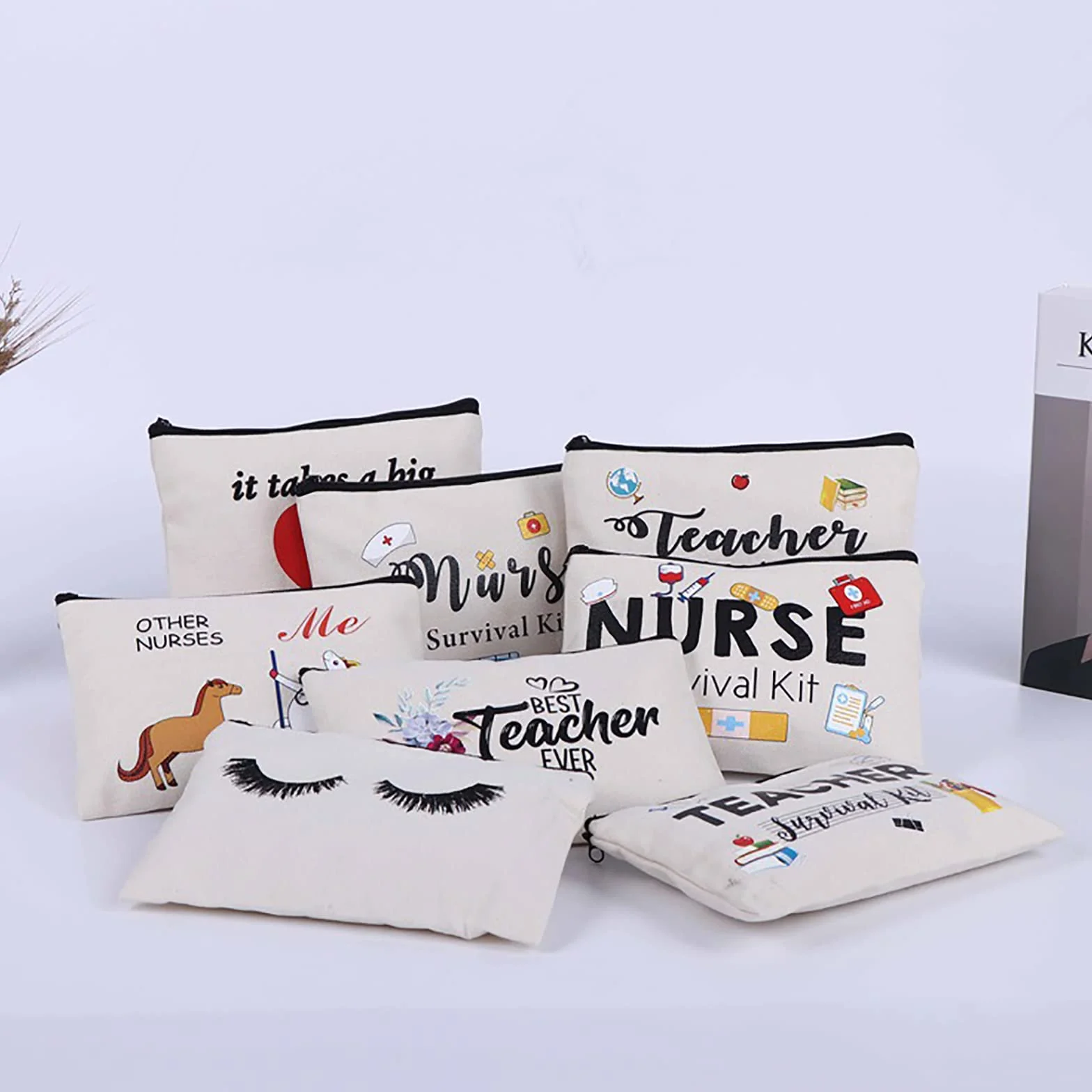 Trousse de Maquillage en Toile 2 Pièces, Sac Zippé Multifonctionnel Voyage Fait Main DIY, Blanc