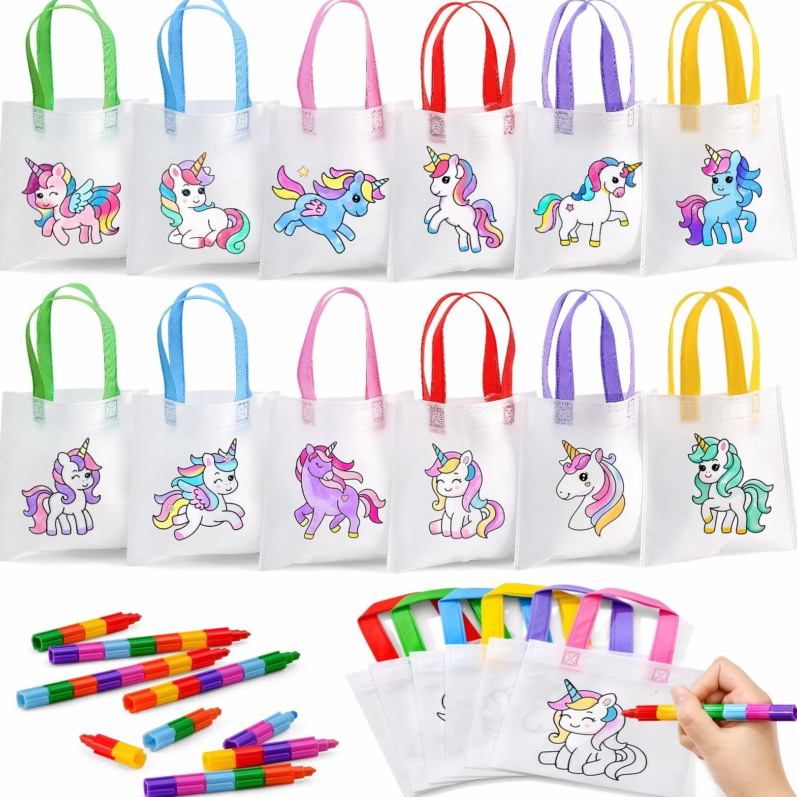 Toyssa 12pcs Sacs Licorne Dino Animaux à Peindre pour Enfants avec Crayons Empilables Set Créatif DIY Cadeaux d'Anniversaire