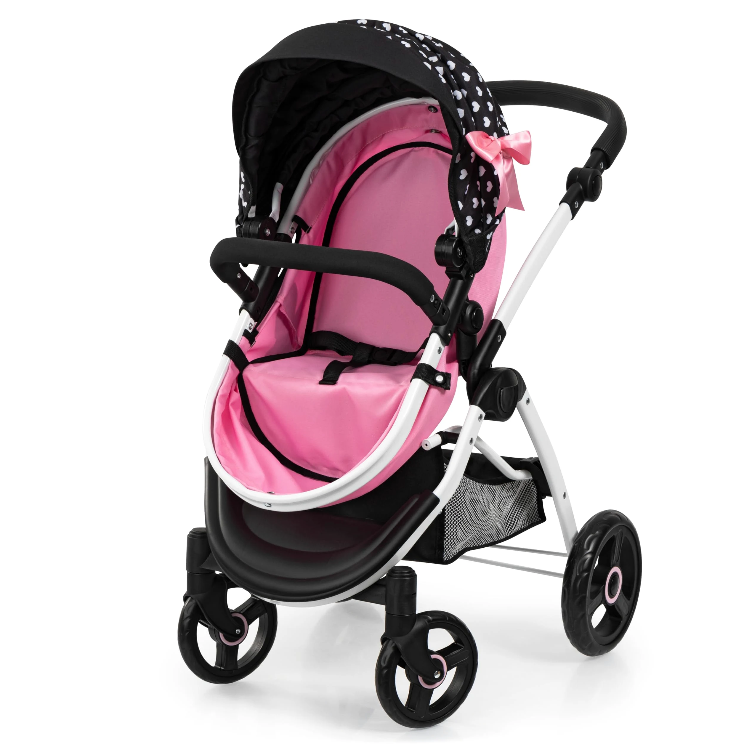 Bayer Design 17560AA Landau de poupée City Max avec Sac, réglable en Hauteur, Roues Avant pivotantes, Transformable en Poussette Canne, Panier intégré, Noir, Rose | réglable en hauteur, roues avant pivotantes, transformable en poussette canne, panier inté