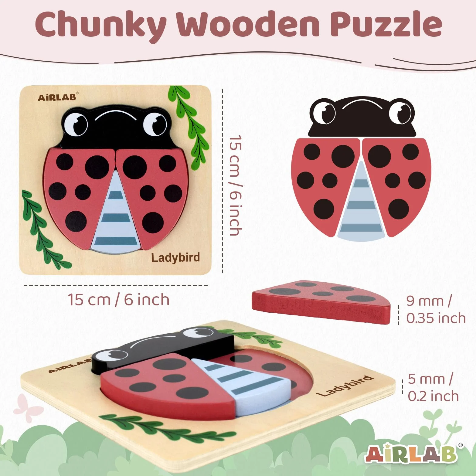 Airlab Puzzles Bois Bébé 1-4 Ans, Casse-têtes Jardin 3D avec Cadre et Sac, Jouet Éducatif Montessori