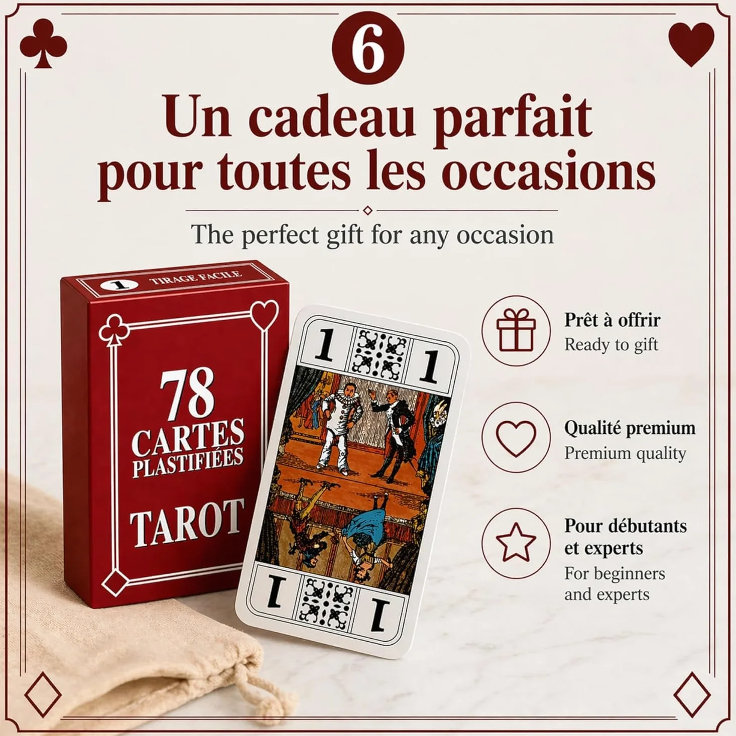 GRENADINE BOUTIQUE Lot de 10 Jeux de Tarot Français 78 Cartes avec Notice – Cartes Plastifiées Résistantes – Idéal Associations, Clubs et Collectivités
