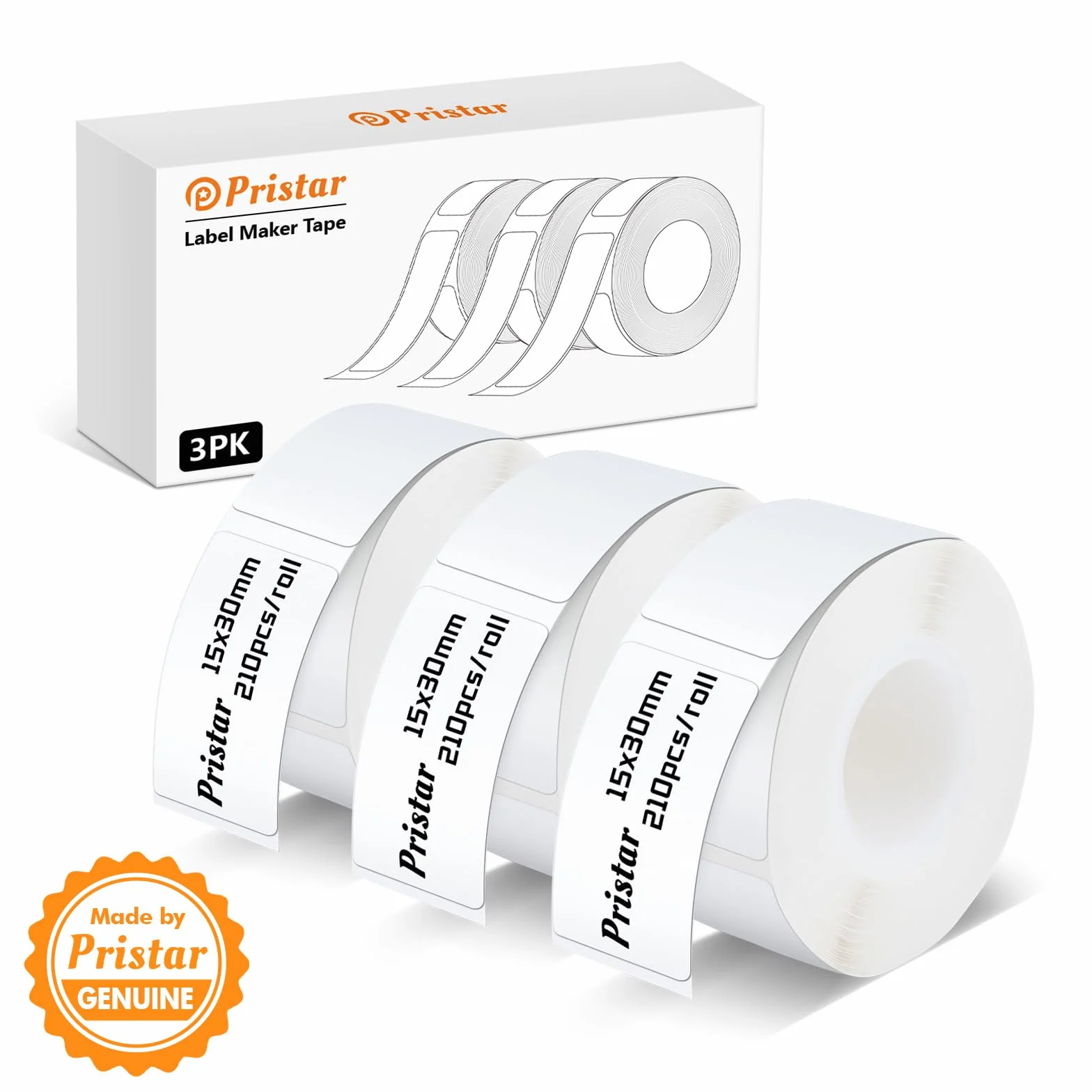 Pristar P15 ruban d'étiquettes thermiques autocollantes 15mm*30mm 3 rouleaux blanc 210 étiquettes/rouleau