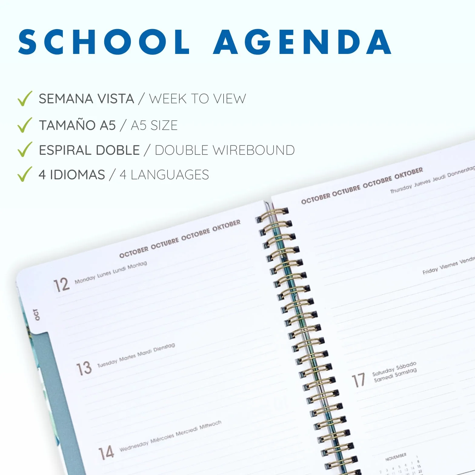Agenda Scolaire 2026 2027 A5 17x21 cm Semaine Vue Couverture Simili Cuir Spirale Double Élastique Stickers Black Mousse