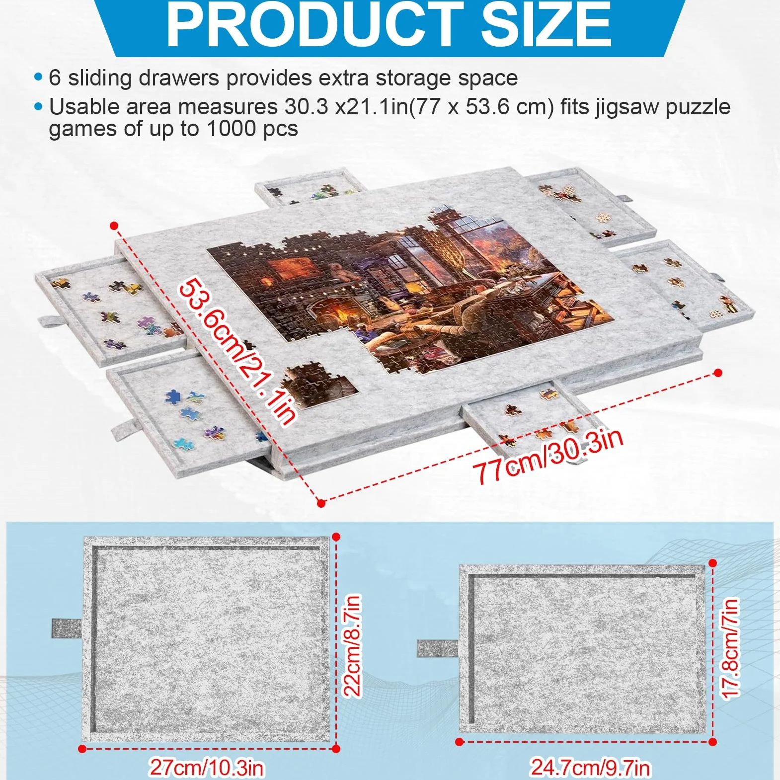 Planche de puzzle inclinable avec 6 tiroirs et housse, table de puzzle légère et portable avec support réglable pour 1 000 pièces, planche de puzzle pliable en feutre antidérapant pour adultes et
