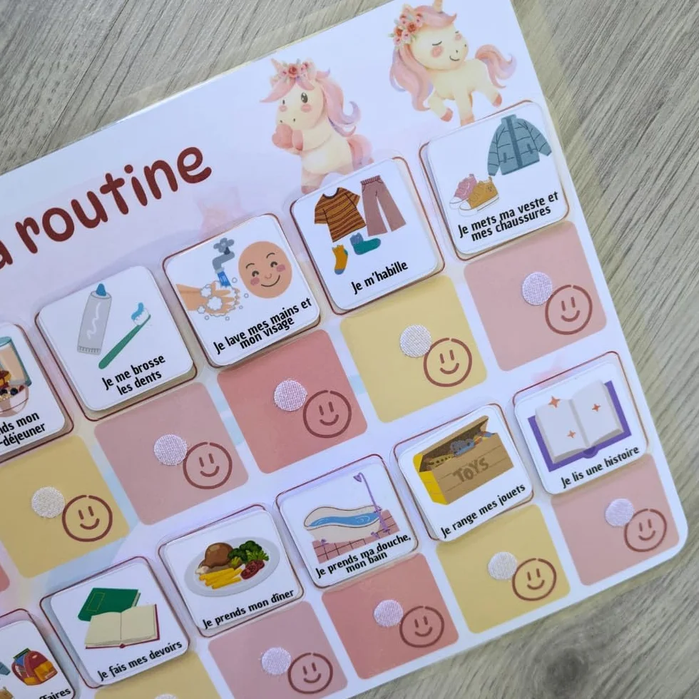 Licorne Tableau routine enfant Planning matin soir Calendrier tâches rituels 30 étiquettes