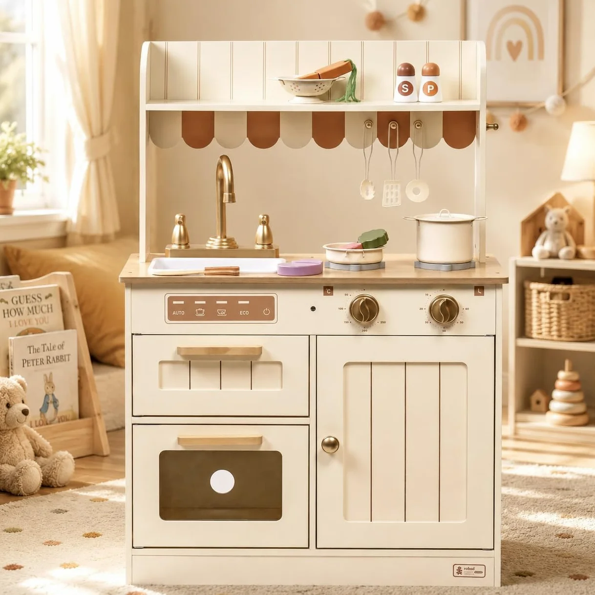 ROBUD Cuisine de Jeu en Bois pour Enfants, avec Vaisselle, casseroles, saladier et légumes – Convient aux Enfants à partir de 3 Ans