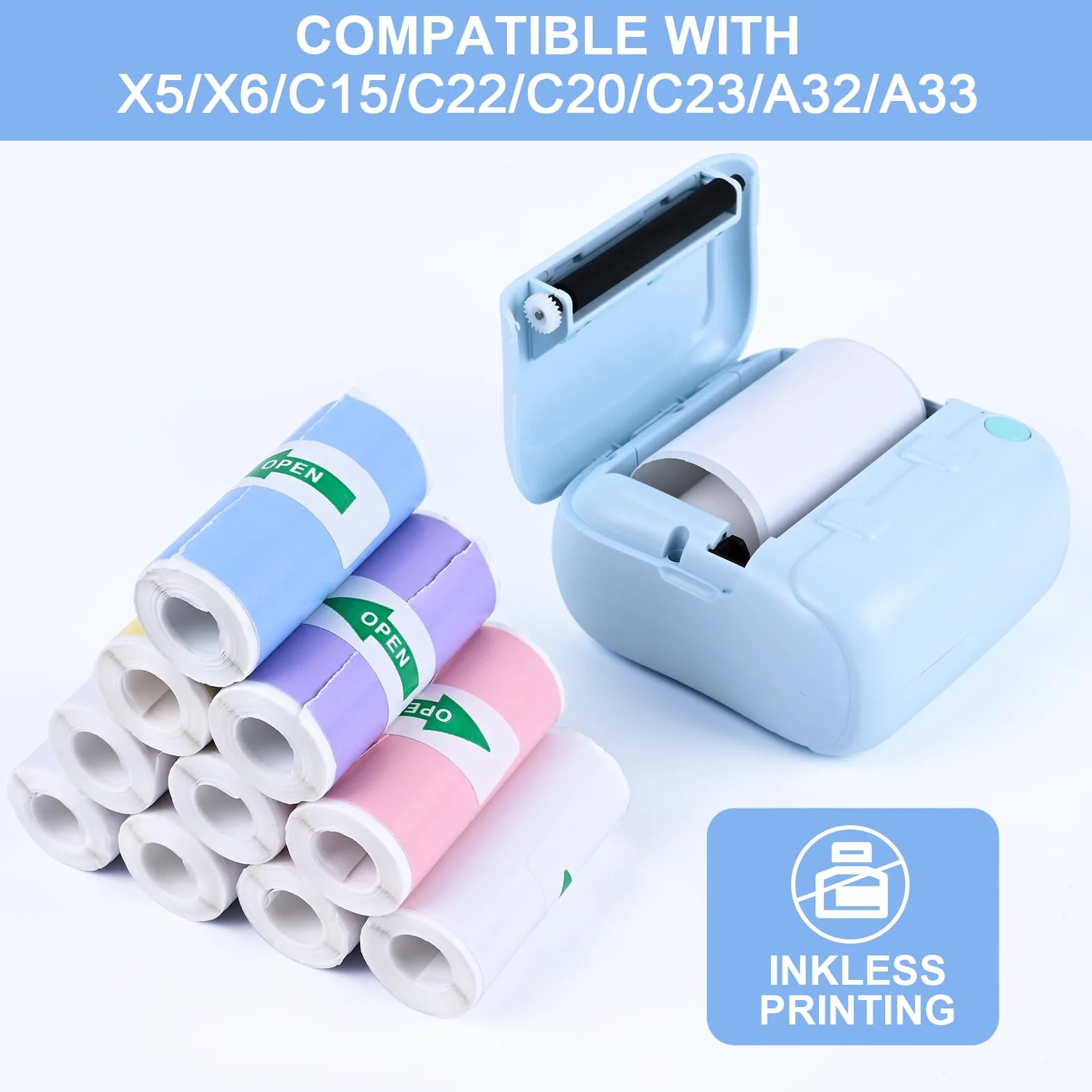 Papier Thermique Auto-adhésif Blanc 57x25mm 10 Rouleaux pour Mini Imprimante Sans Encre