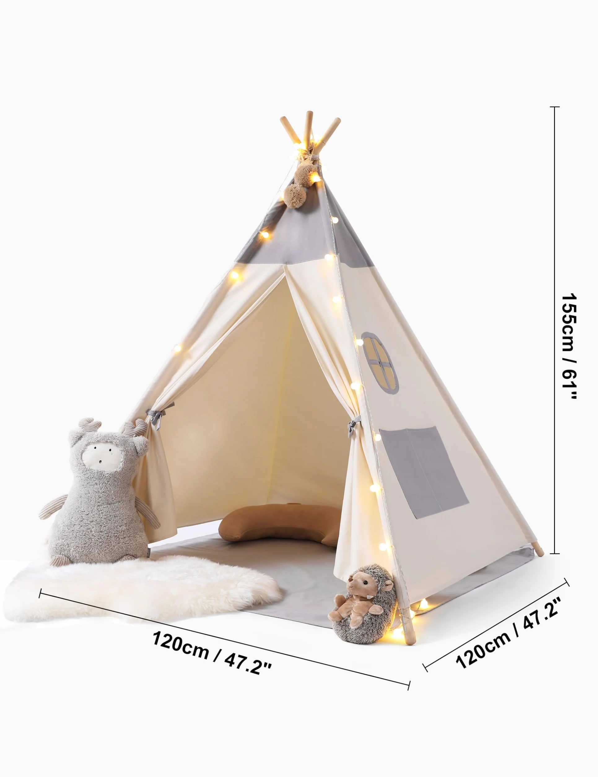 Tipi Enfant avec lumière Tapis & fixateur, Grande Tente Pliante pour Bebe Gris