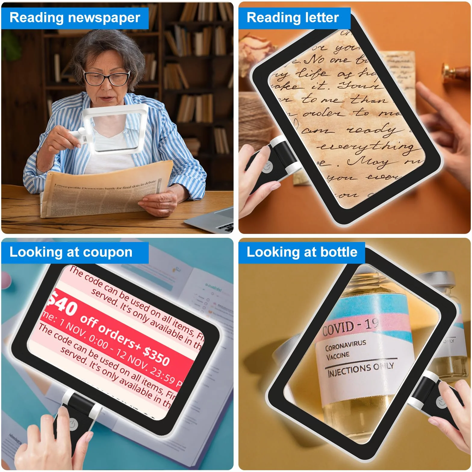 Loupe de Lecture avec Lumière 3x LED Ultra Lumineuses à Intensité Variable Pliable pour Personnes Âgées