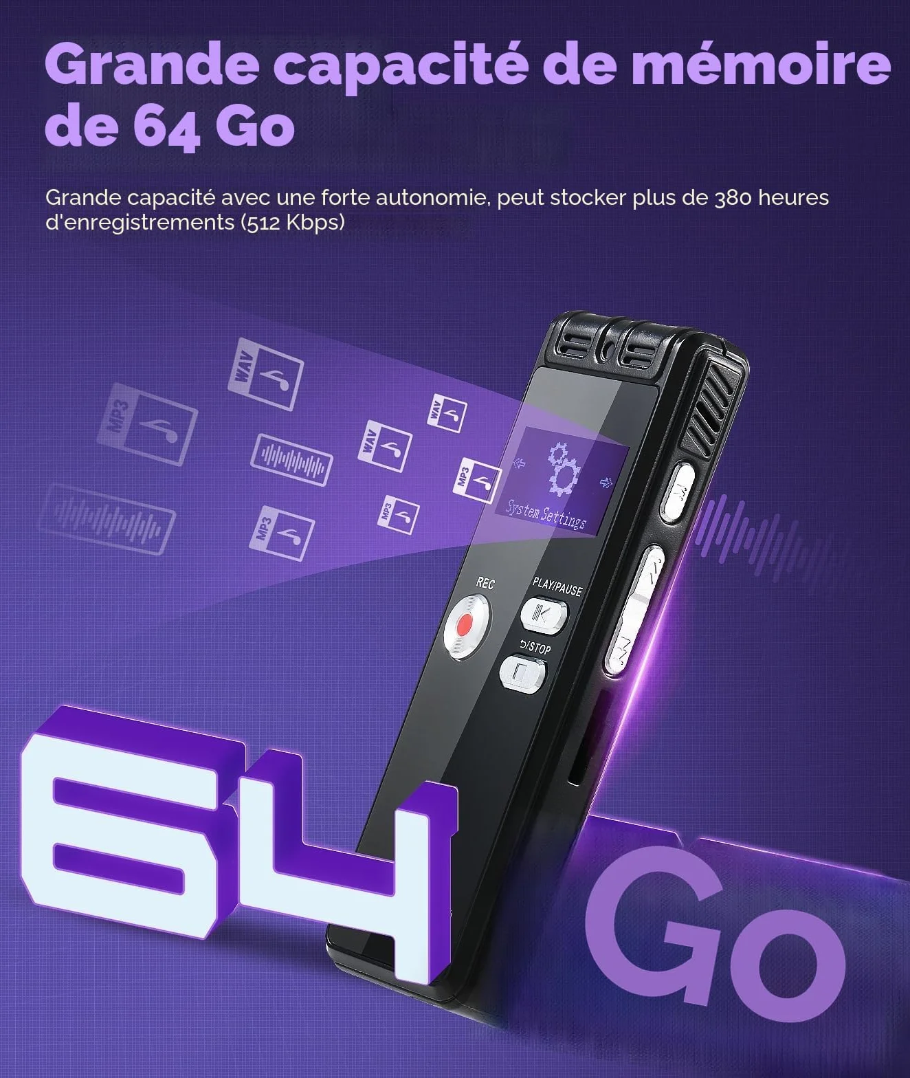 Enregistreur Vocal 64 Go 1536 Kbps avec Réduction du Bruit pour Interviews Classes Réunions