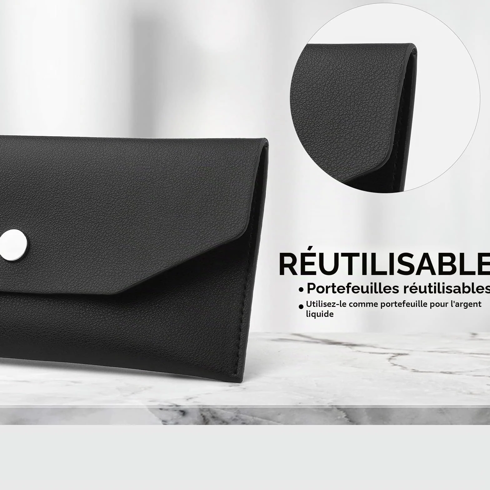 Molain Portefeuille d'enveloppe de trésorerie en cuir PU réutilisable 7,2 x 3,6 po Noir