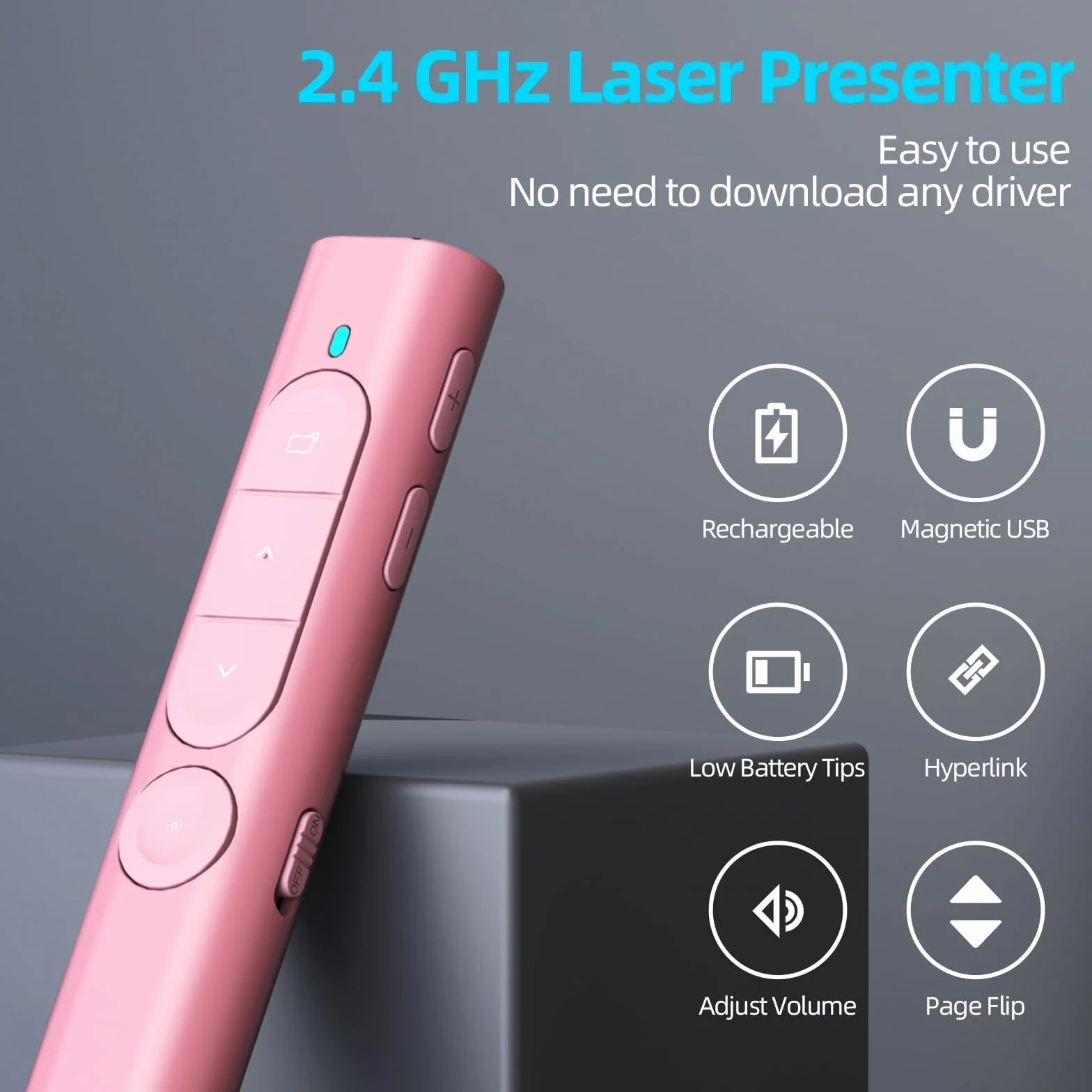 Télécommande Présentation Sans Fil Rechargeable avec Hyperlien & Contrôle Volume, Compatible Mac PC Ordinateurs Portables (Rose)