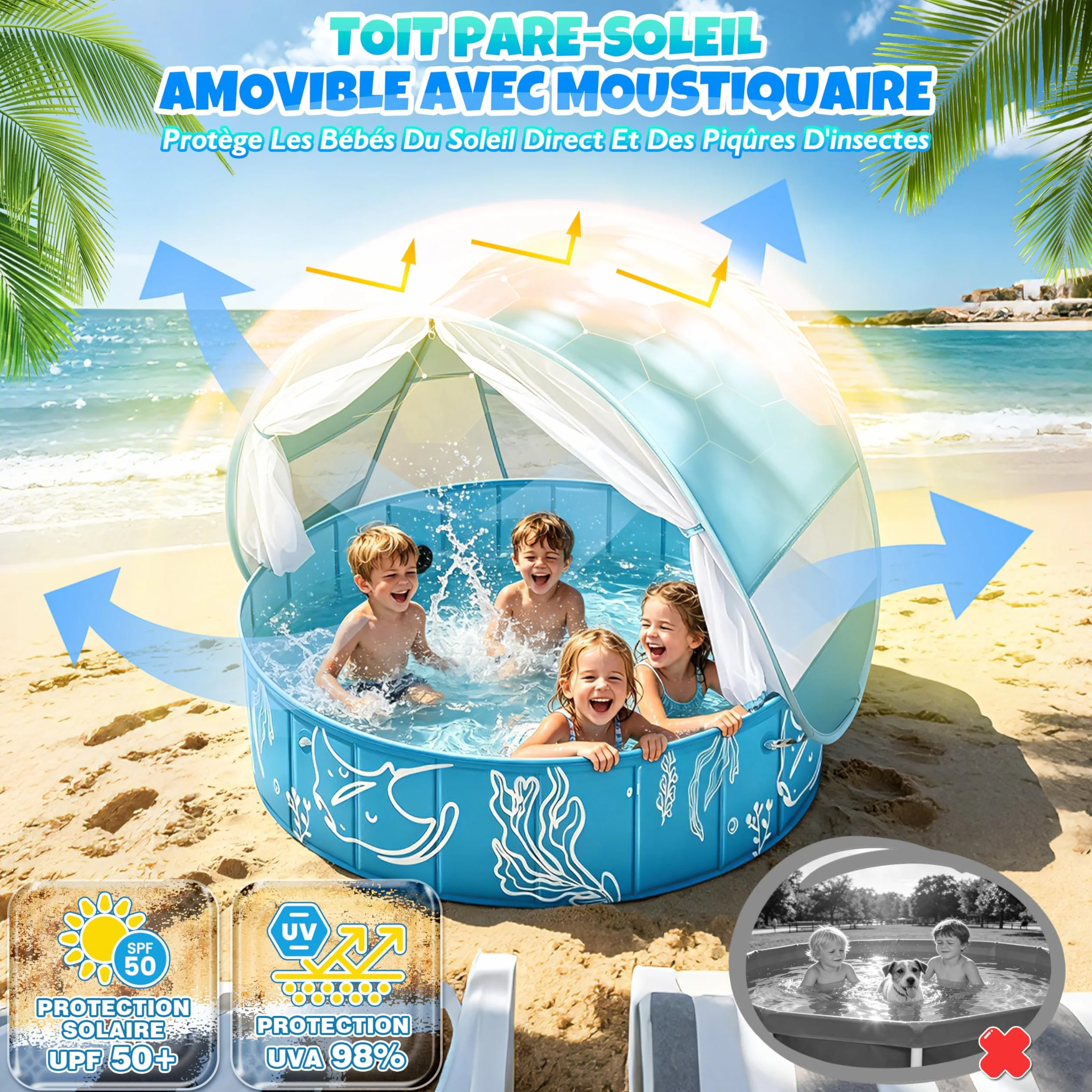 Piscine Bébé 4 en 1 120×30 cm Anti UV SPF50+ avec Auvent Pliable Tente de Plage Pour Jardin