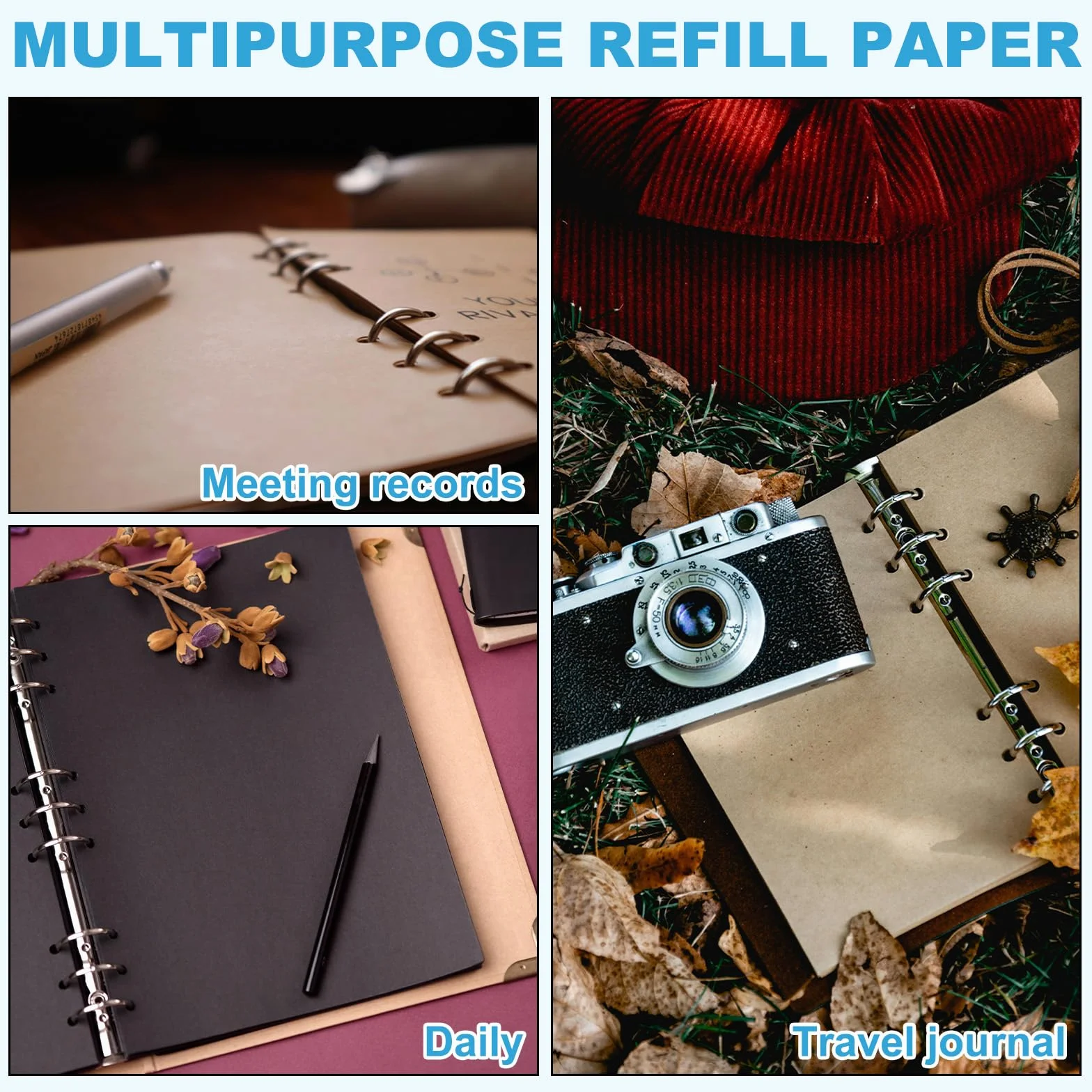 PATIKIL Papier kraft A7 non ligné rechargeable 6 trous 80 feuilles Beige