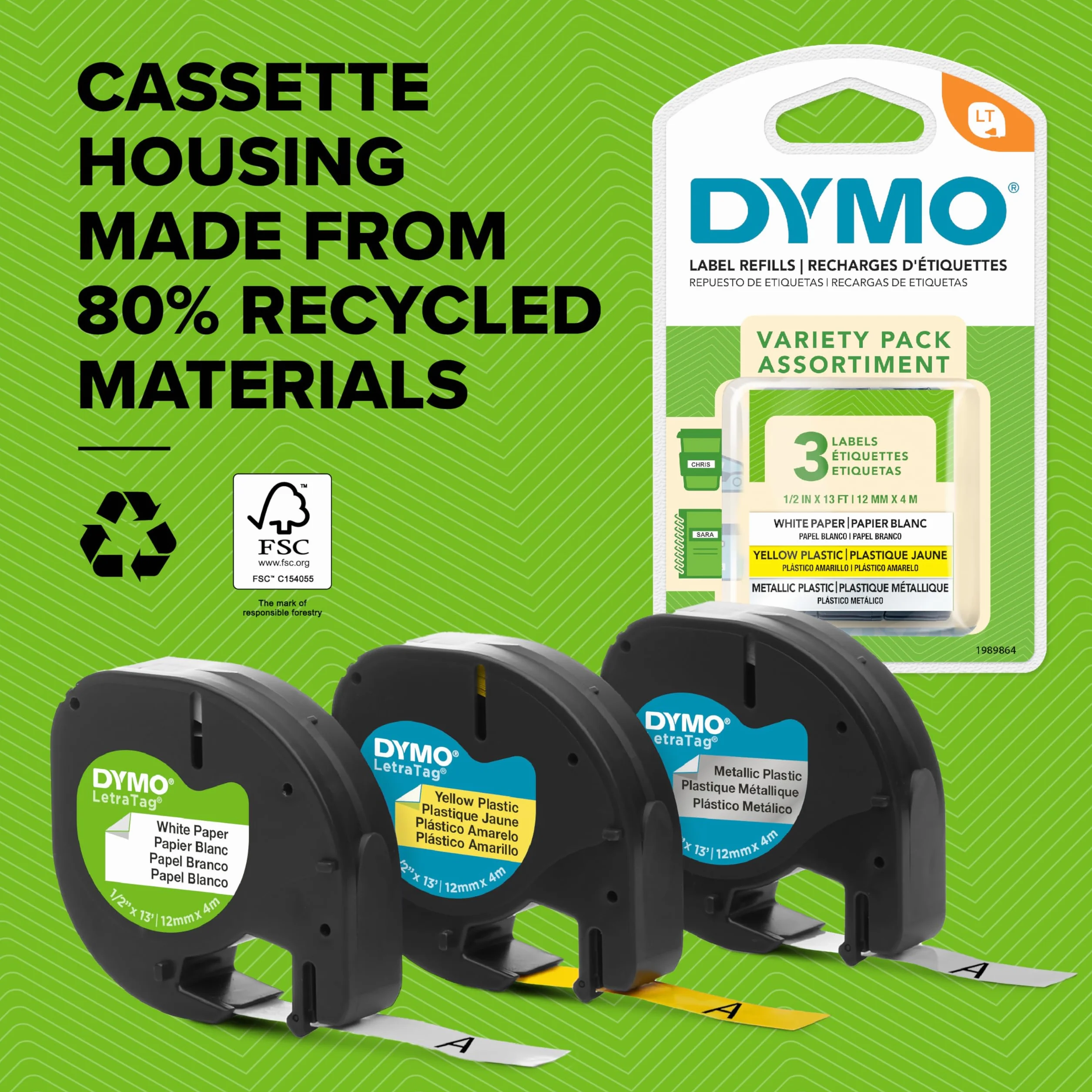 DYMO LetraTag Étiquettes Autocollantes 12 mm x 2 m Noir sur Blanc