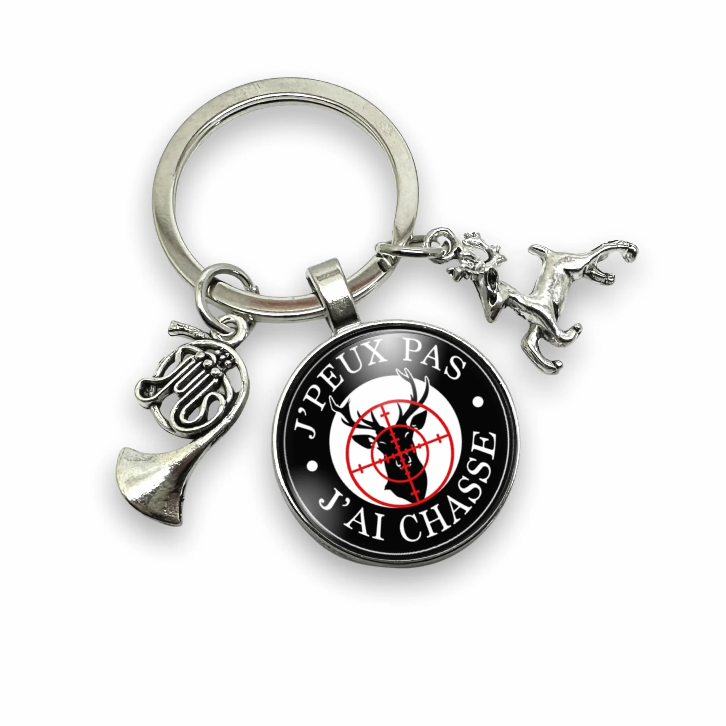 Porte clés chasseur avec breloques cor de chasse et cerf « j'peux pas, j'ai chasse » - Idée cadeau original pour chasseur
