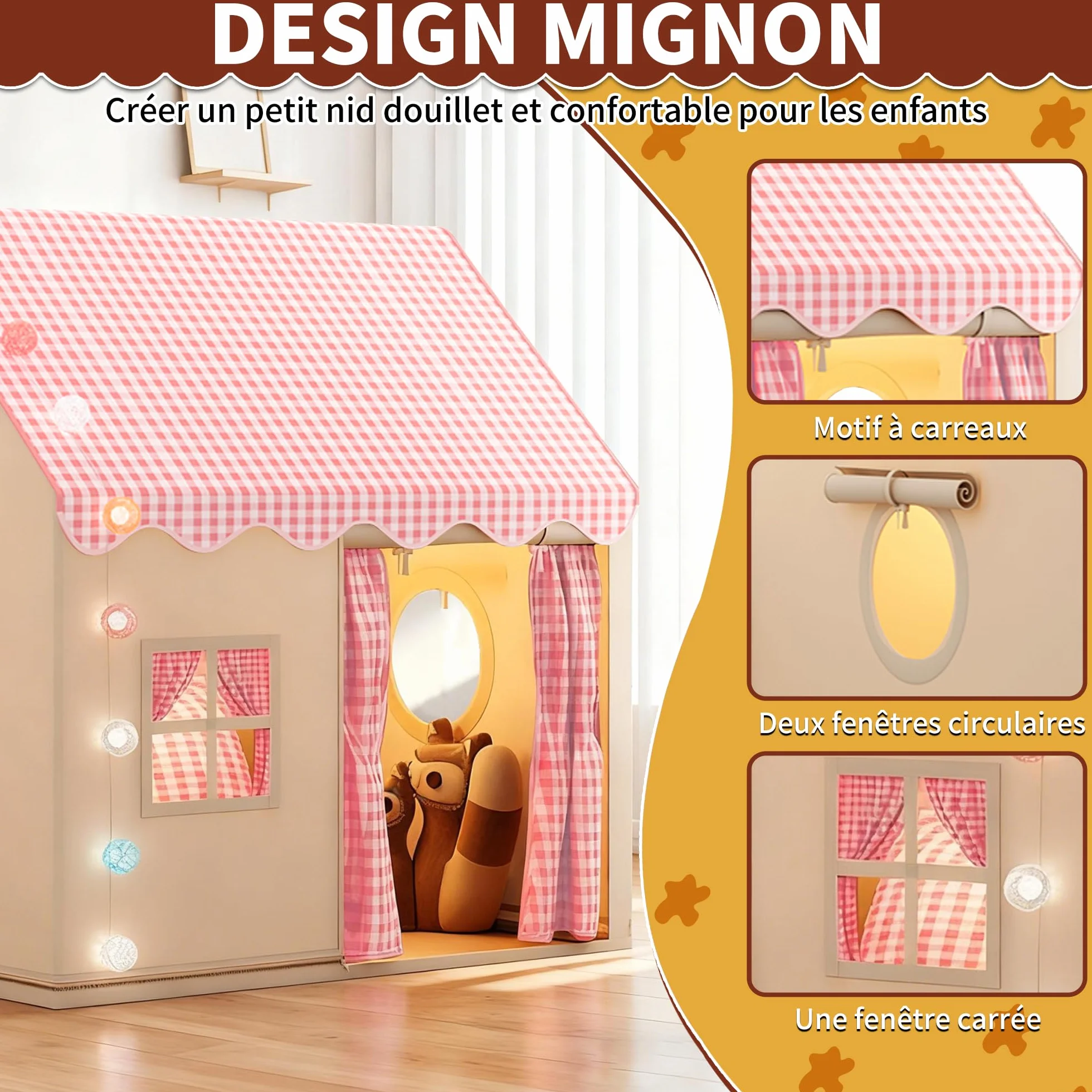 Tente de Jeu Enfant Cabane Tout-Petits avec Lumineuse Décorative Rose